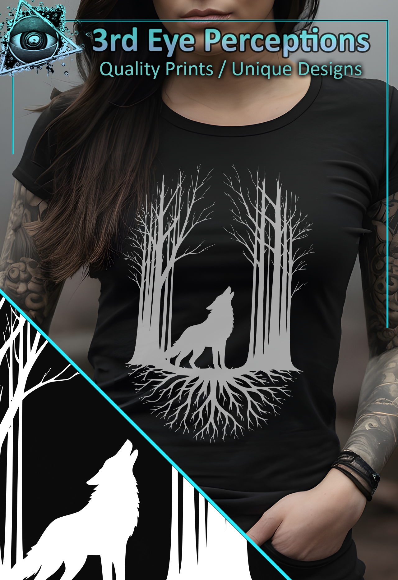 Wolf Howling Forest Roots Graphic Design White | Womens Softstyle Shirt product thumbnail image Wolf Howling Forest Roots Graphic Design White | Womens Softstyle Shirt product thumbnail image