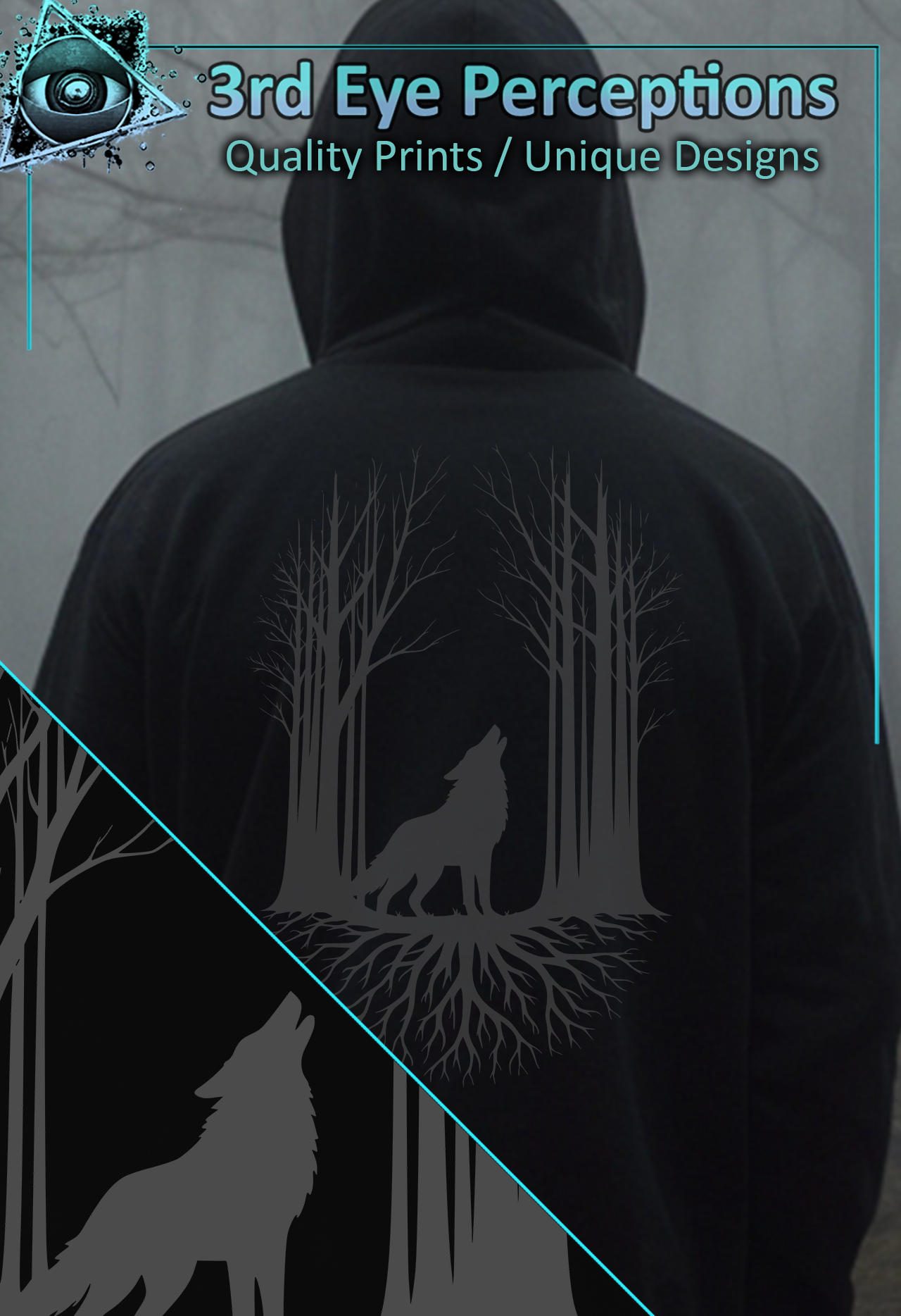 Wolf Howling Forest Roots Graphic Design Grey Back Print ( Unisex Heavy Blend™ Hooded )