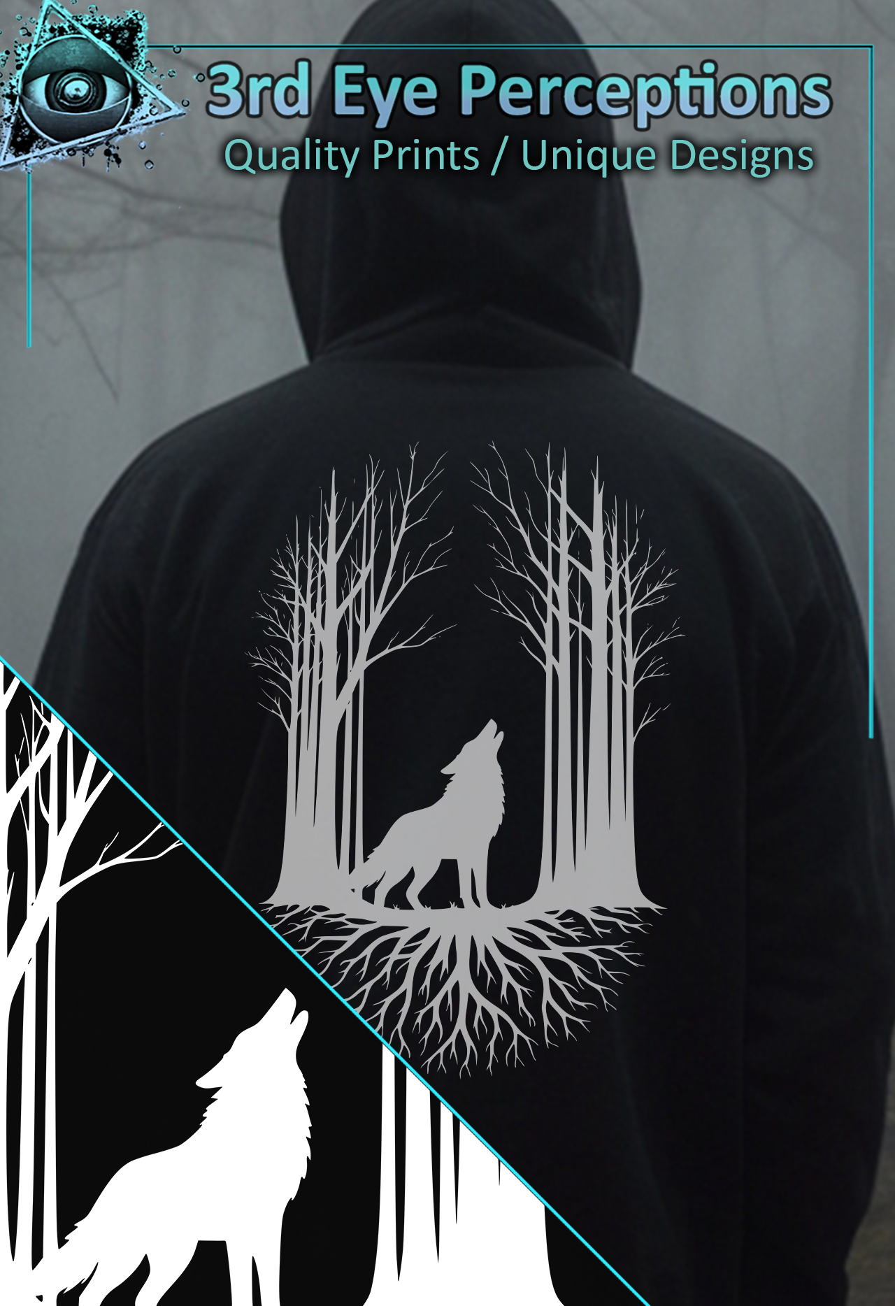 Wolf Howling Forest Roots Graphic Design White Back Print ( Unisex Heavy Blend™ Hooded )