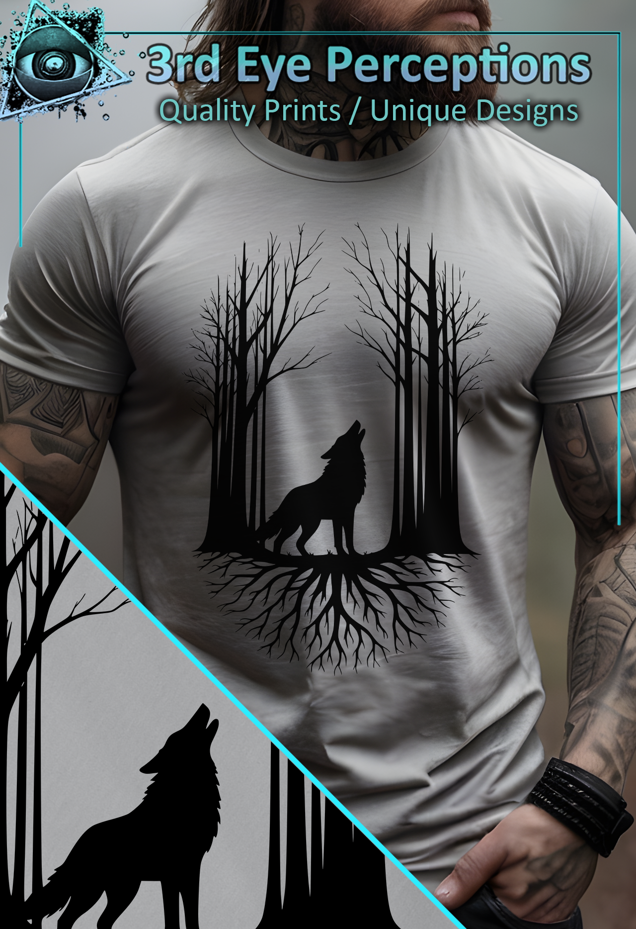 Wolf Howling Forest Roots Graphic Design Black