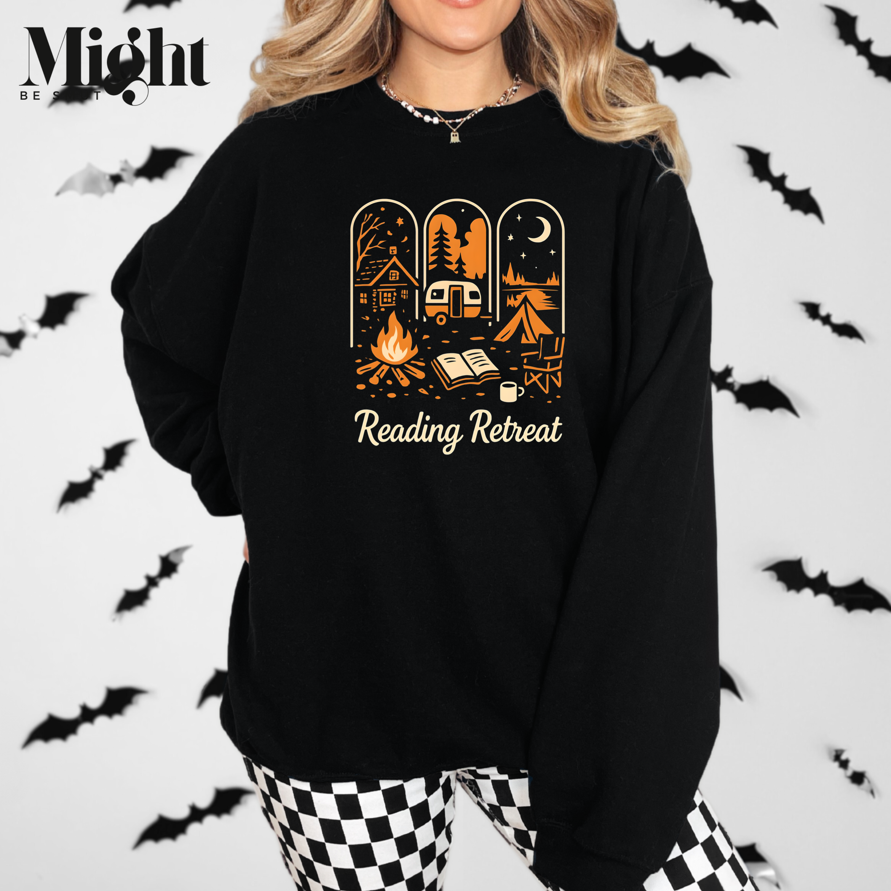Crewneck Sweatshirt – Reading Retreat Bookish Campfire Camping Design product thumbnail image Crewneck Sweatshirt – Reading Retreat Bookish Campfire Camping Design product thumbnail image