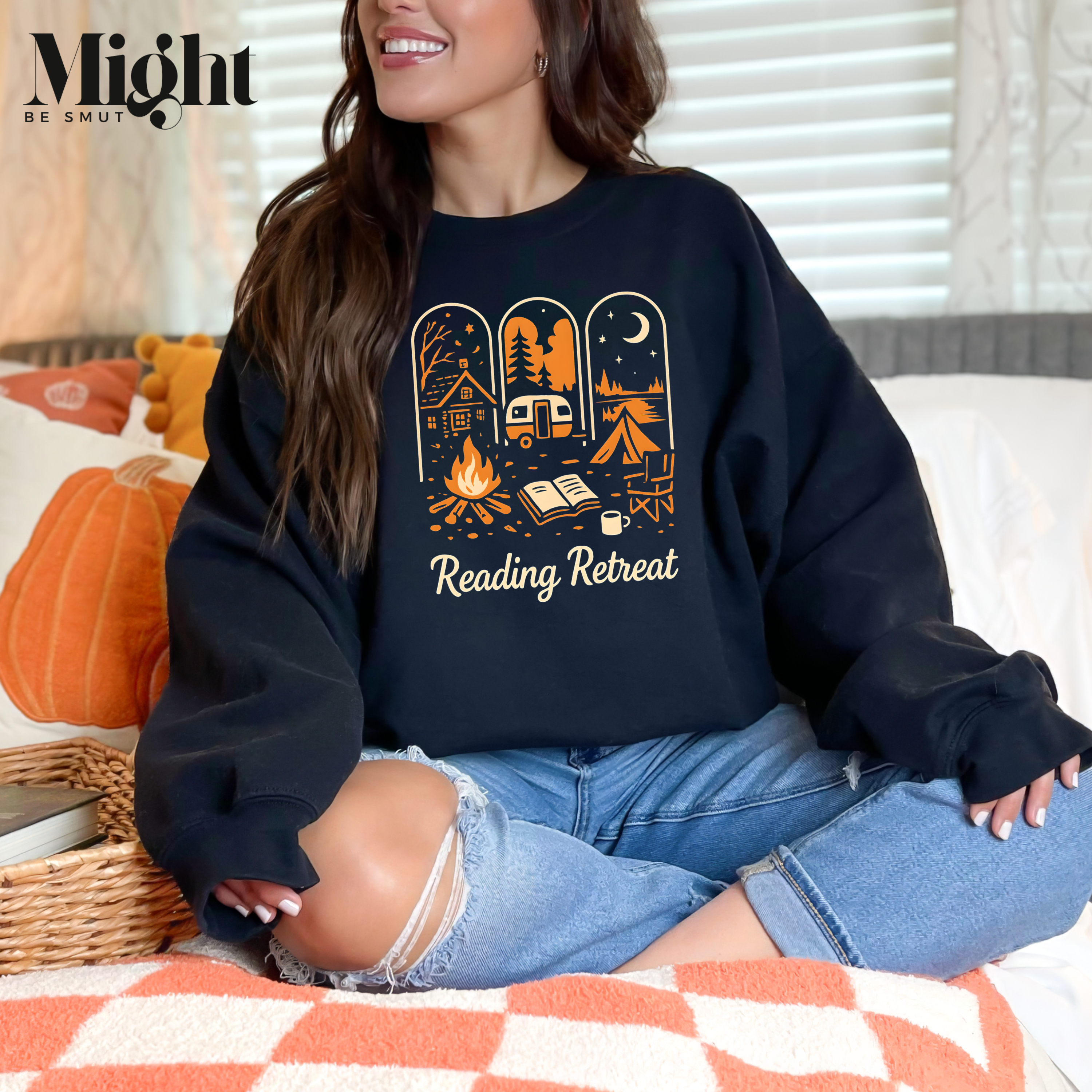 Crewneck Sweatshirt – Reading Retreat Bookish Campfire Camping Design product thumbnail image Crewneck Sweatshirt – Reading Retreat Bookish Campfire Camping Design product thumbnail image