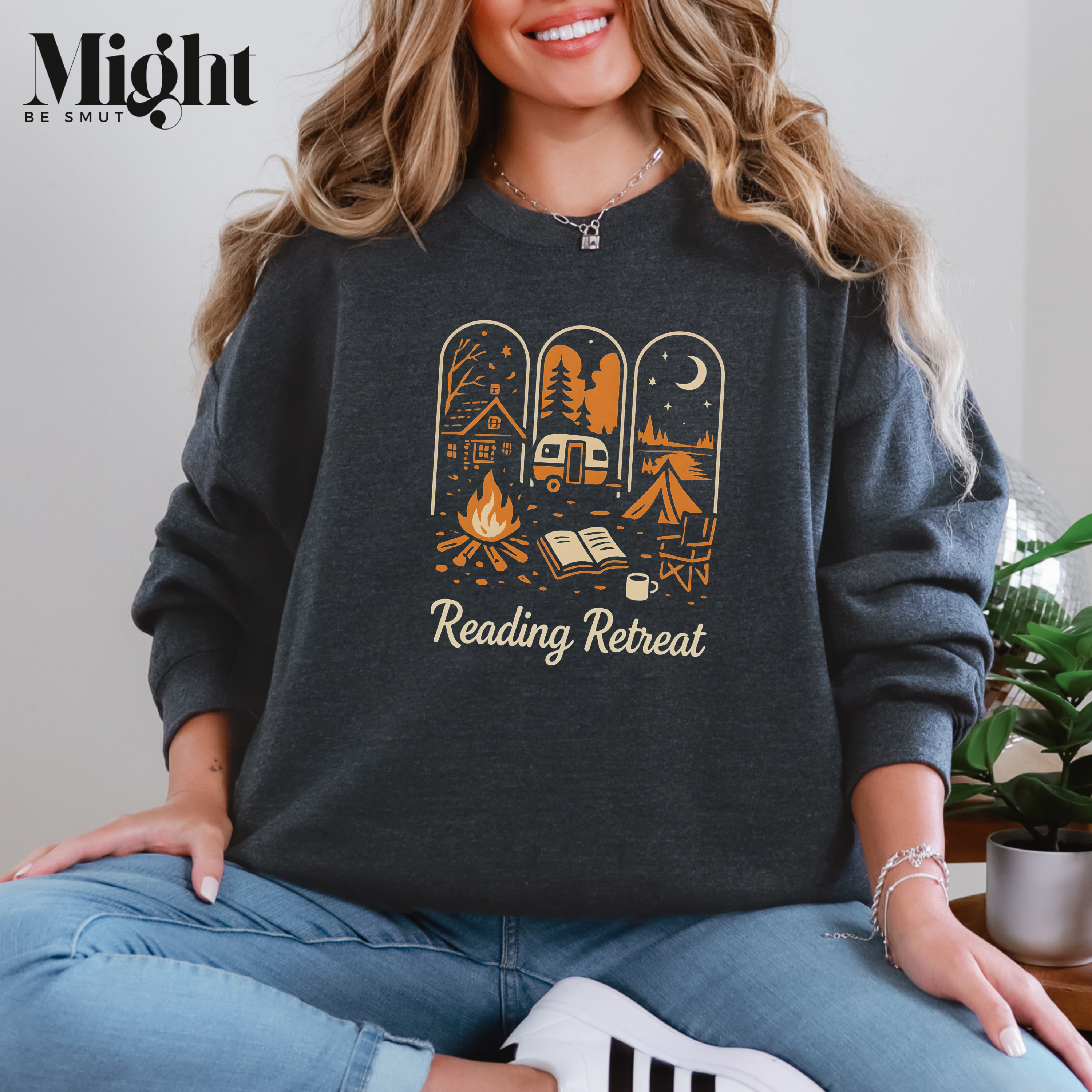 Crewneck Sweatshirt – Reading Retreat Bookish Campfire Camping Design Crewneck Sweatshirt – Reading Retreat Bookish Campfire Camping Design
