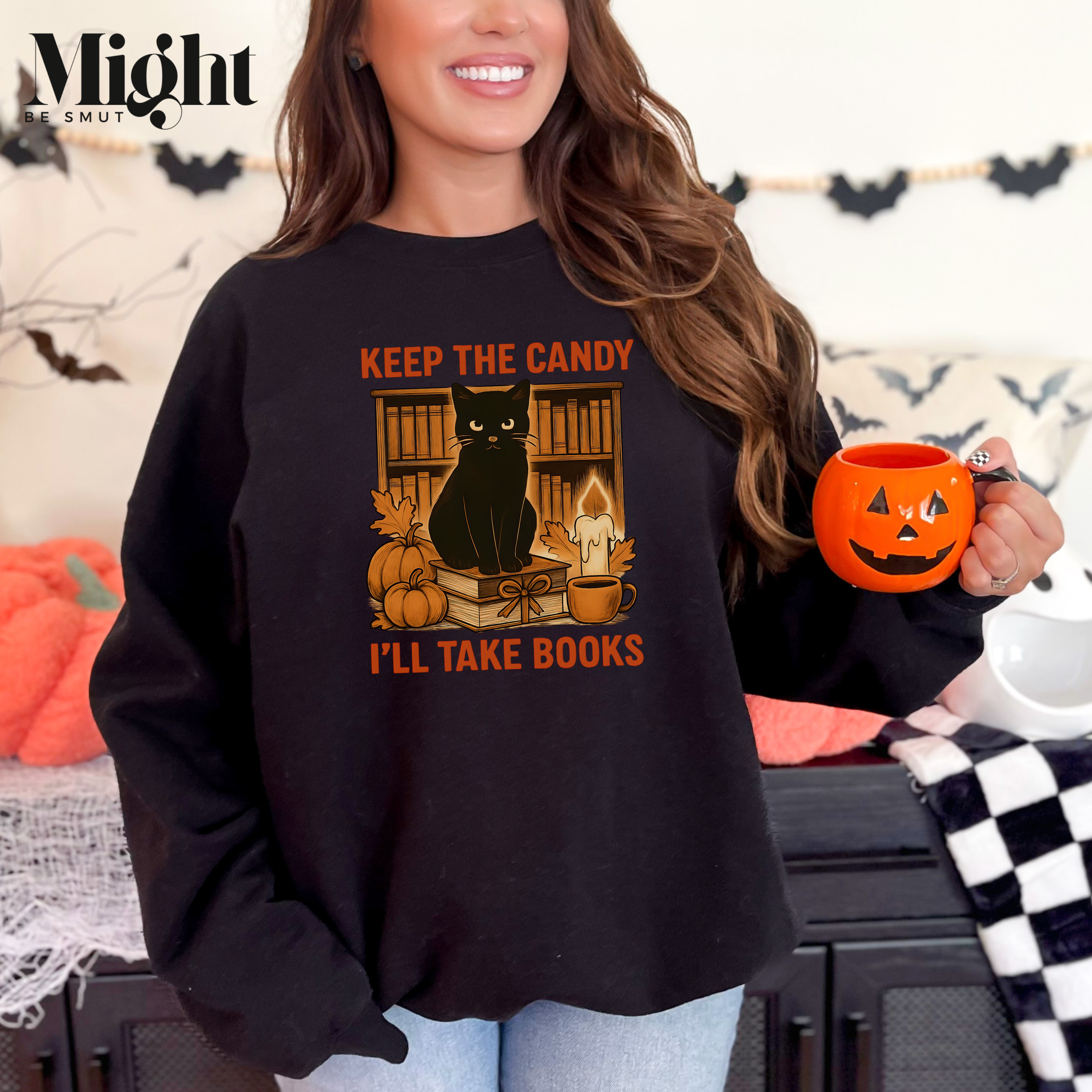 Crewneck Sweatshirt - Black Cat Keep The Candy I'll Take Books Bookish Halloween  product thumbnail image