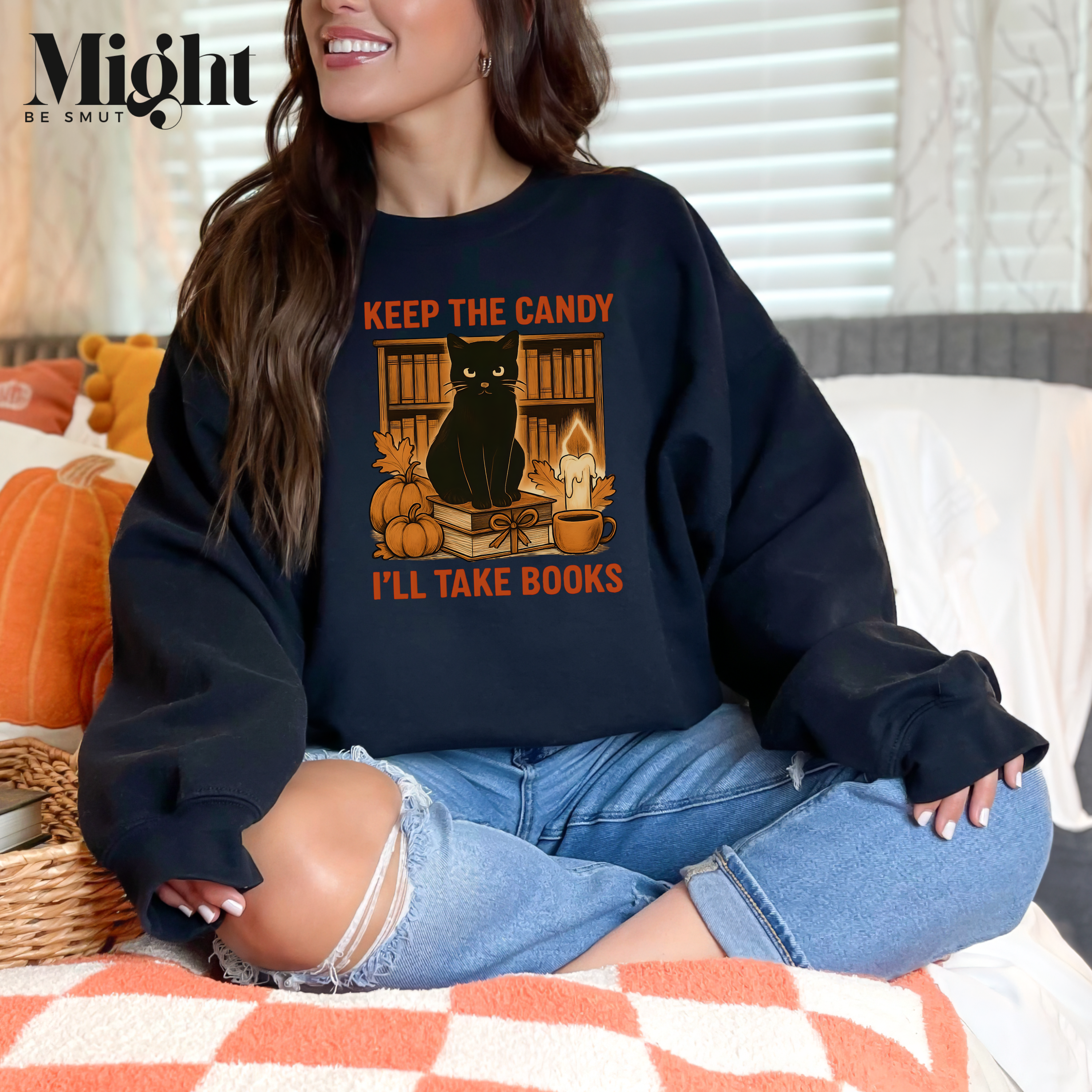 Crewneck Sweatshirt - Black Cat Keep The Candy I'll Take Books Bookish Halloween  product thumbnail image