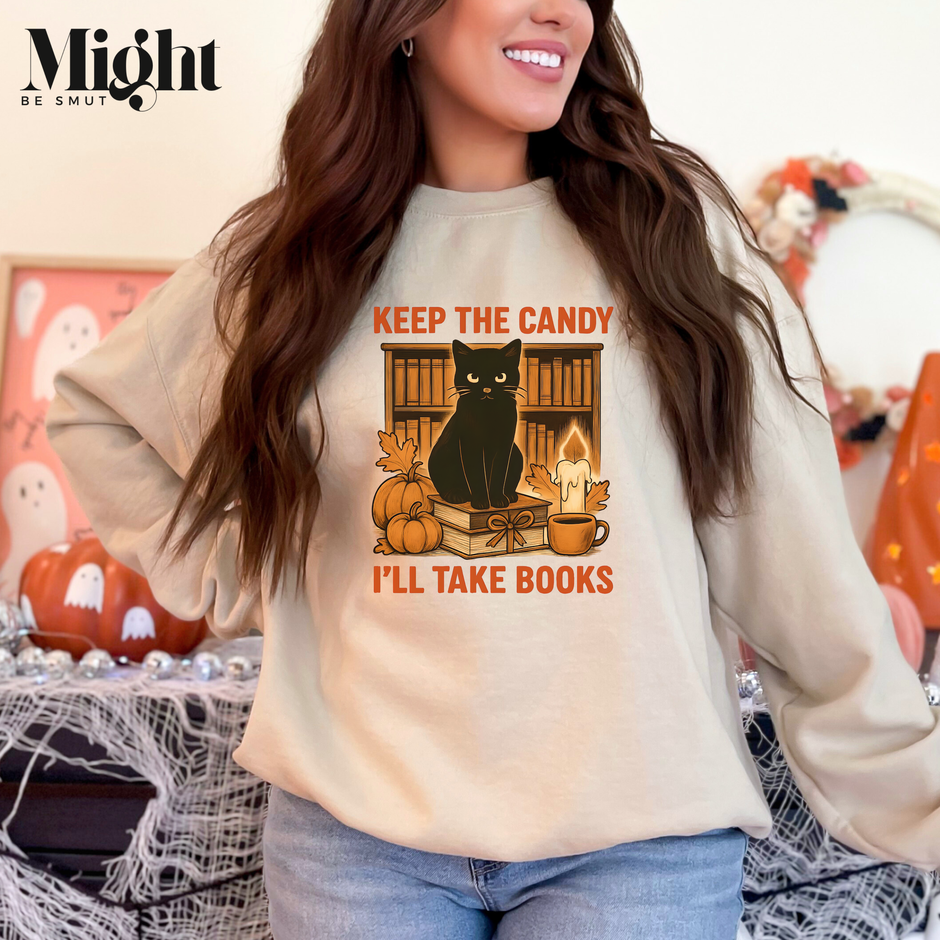Crewneck Sweatshirt - Black Cat Keep The Candy I'll Take Books Bookish Halloween  product thumbnail image