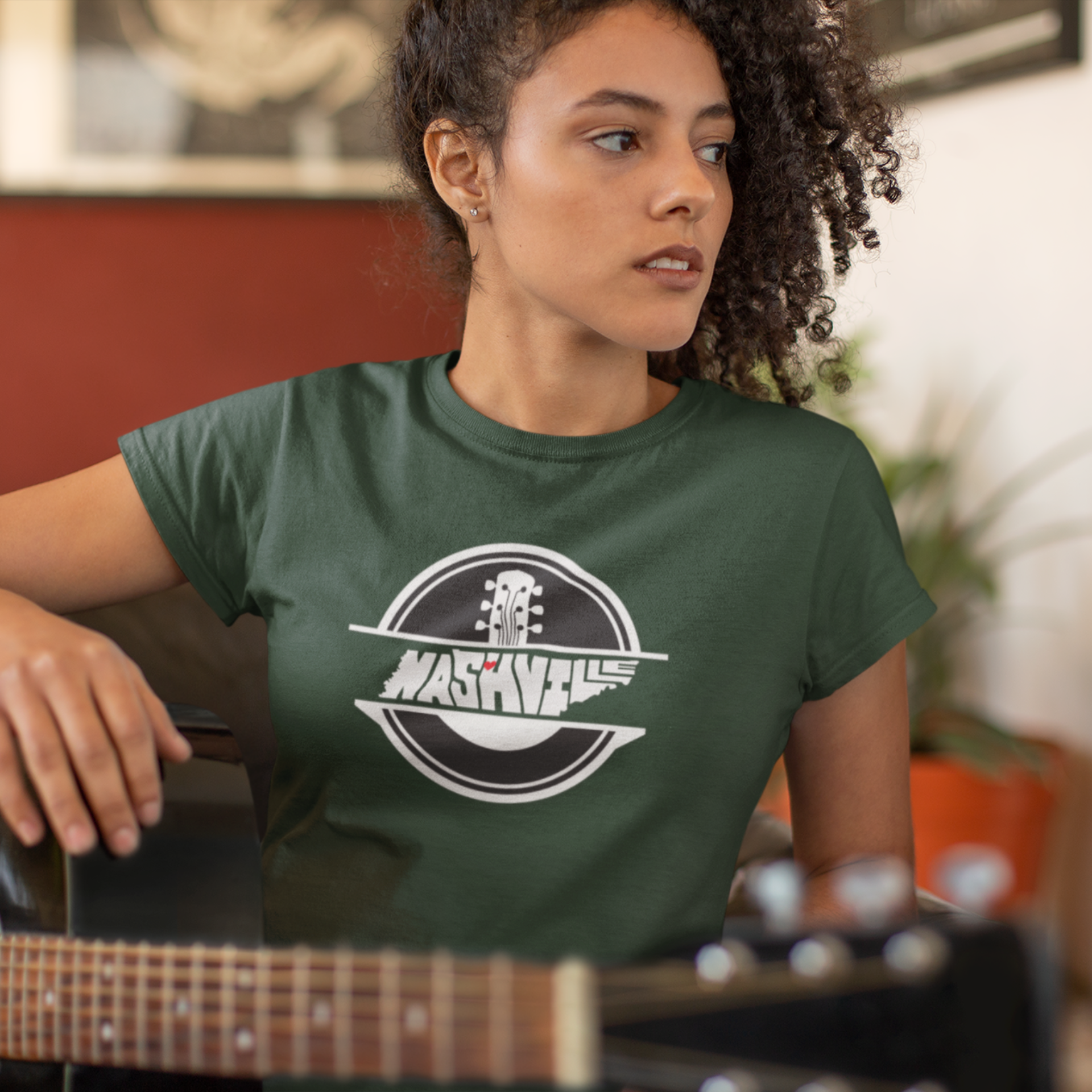 Nashville Music City Design, Tennessee Shape Outline, Retro Guitar &amp; Vinyl record graphic