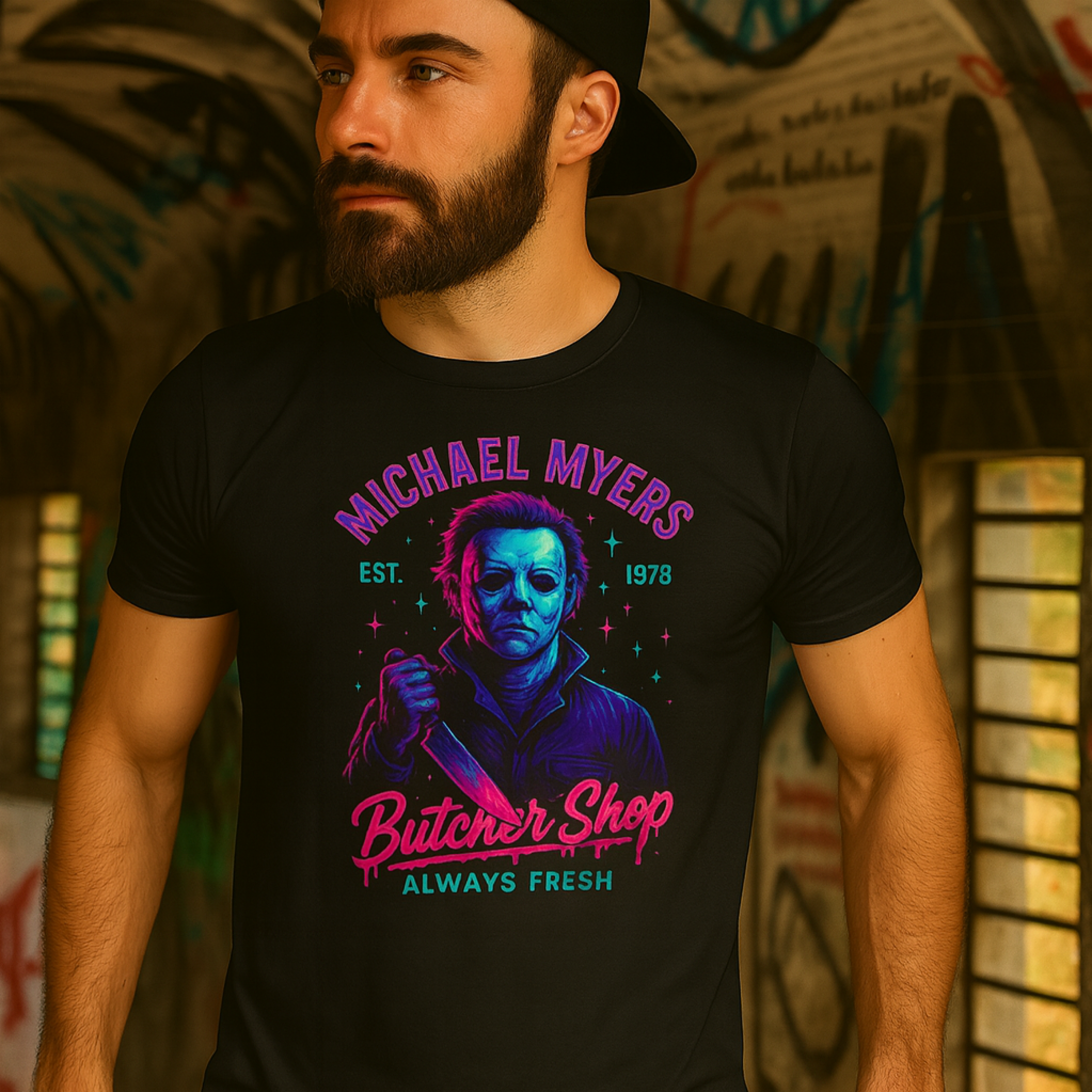 Michael Cyberpunk Myers Butcher Shop T-Shirt Horror Halloween Retro Neon  Tee