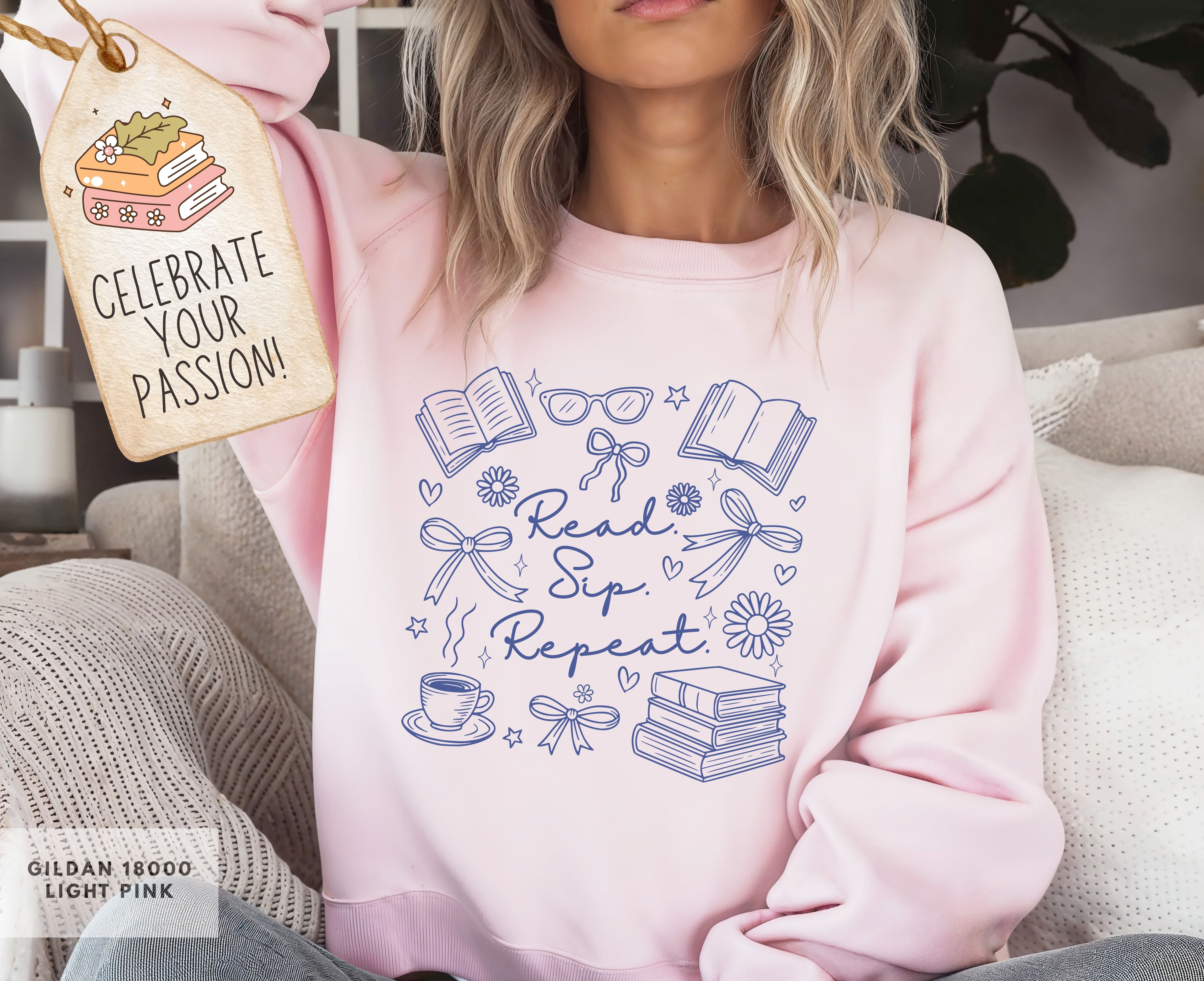 Book Lover's Crewneck Sweatshirt, Read Sip Repeat, Reader Gift, Bookish Apparel, Cozy Reading Top, Literary Sweatshirt