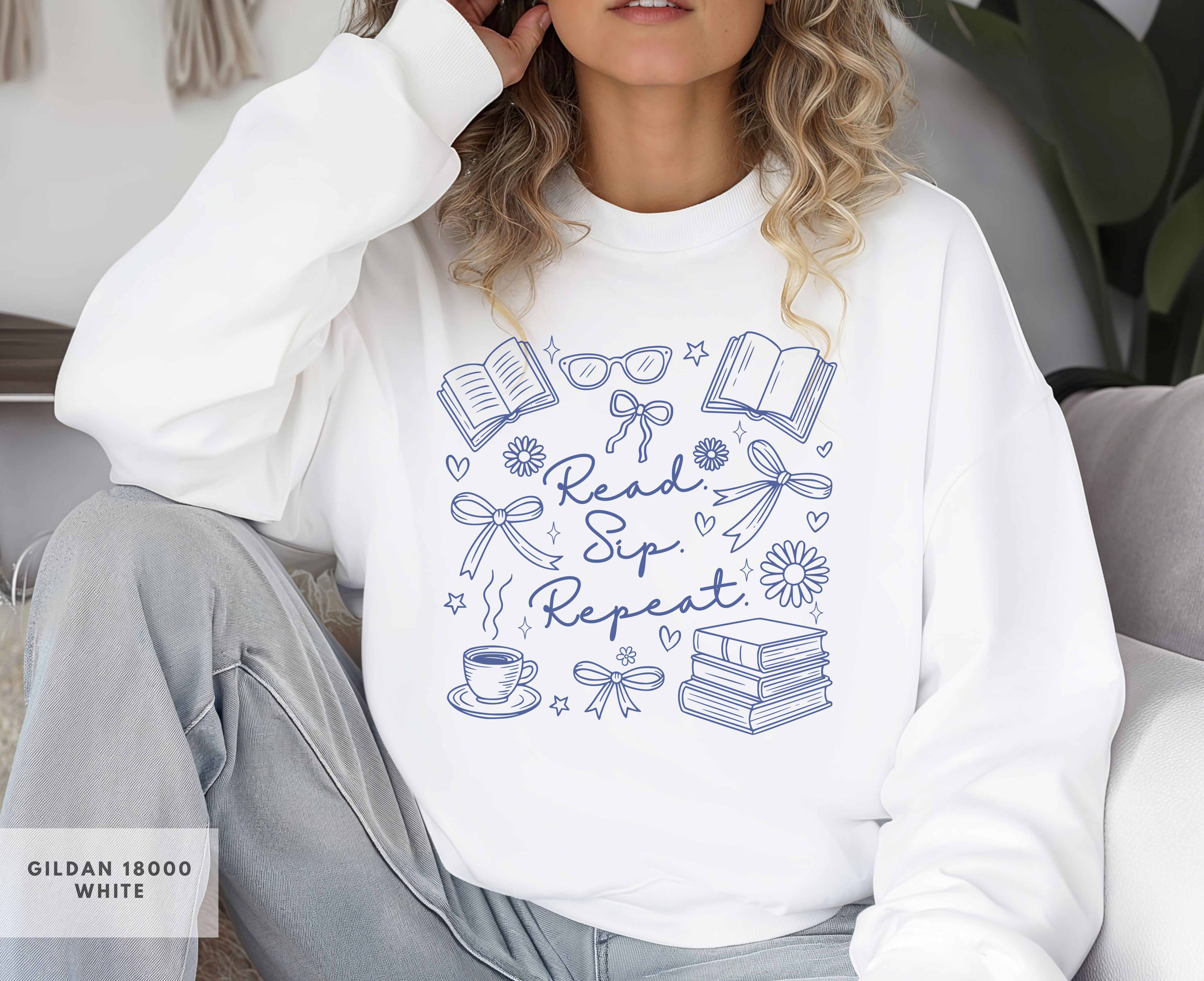 Book Lover's Crewneck Sweatshirt, Read Sip Repeat, Reader Gift, Bookish Apparel, Cozy Reading Top, Literary Sweatshirt product thumbnail image