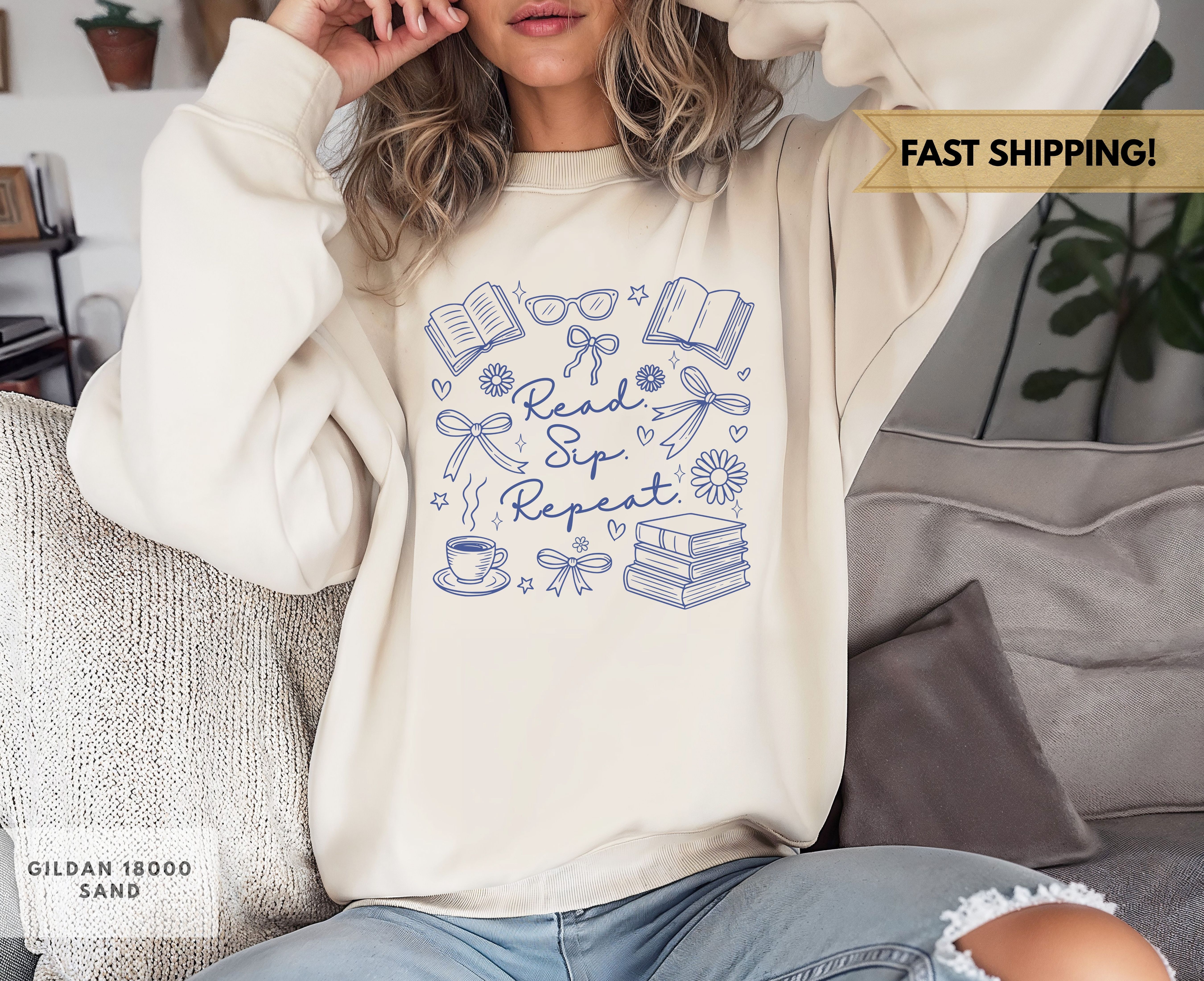 Book Lover's Crewneck Sweatshirt, Read Sip Repeat, Reader Gift, Bookish Apparel, Cozy Reading Top, Literary Sweatshirt product thumbnail image