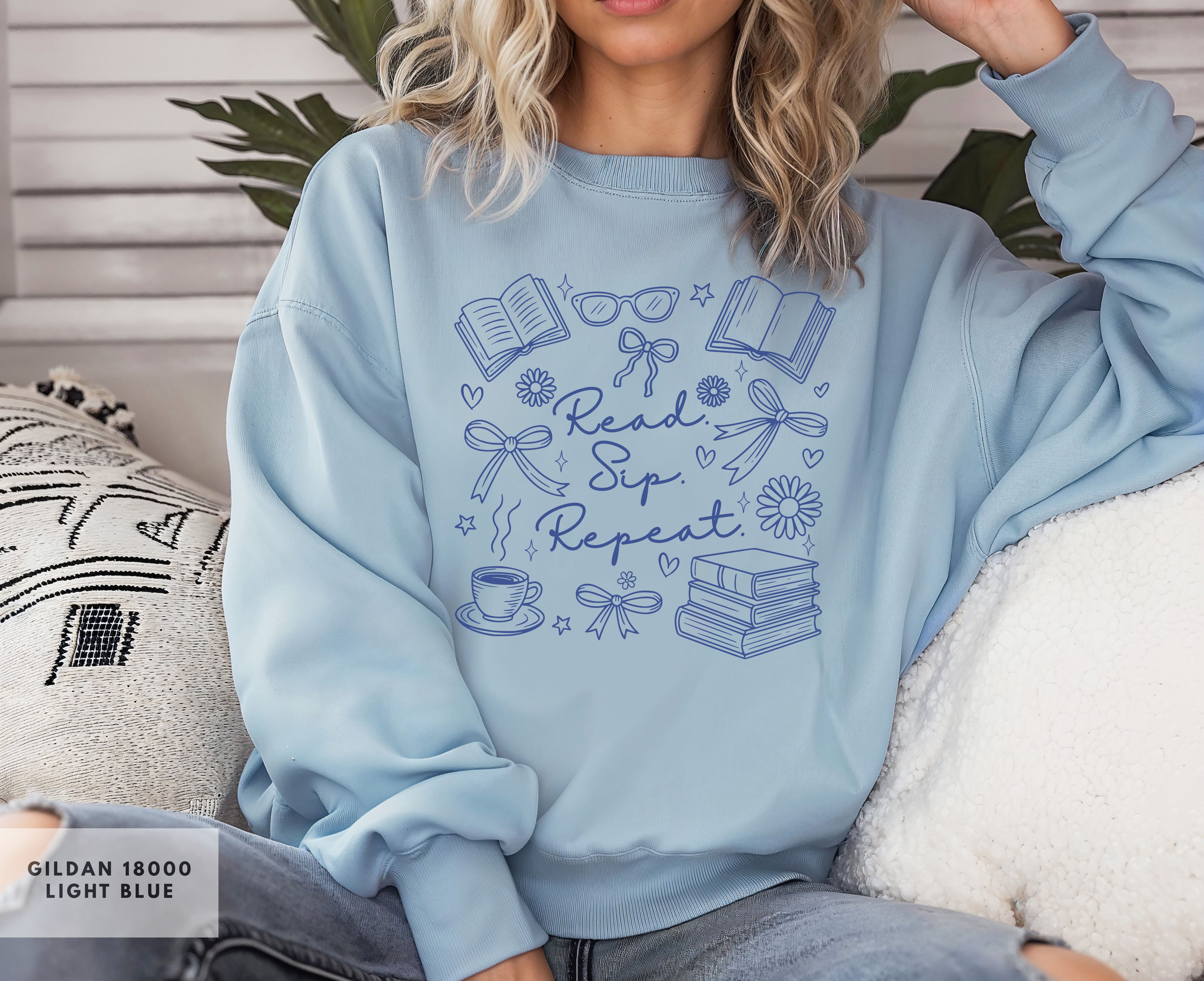 Book Lover's Crewneck Sweatshirt, Read Sip Repeat, Reader Gift, Bookish Apparel, Cozy Reading Top, Literary Sweatshirt product thumbnail image Book Lover's Crewneck Sweatshirt, Read Sip Repeat, Reader Gift, Bookish Apparel, Cozy Reading Top, Literary Sweatshirt product thumbnail image