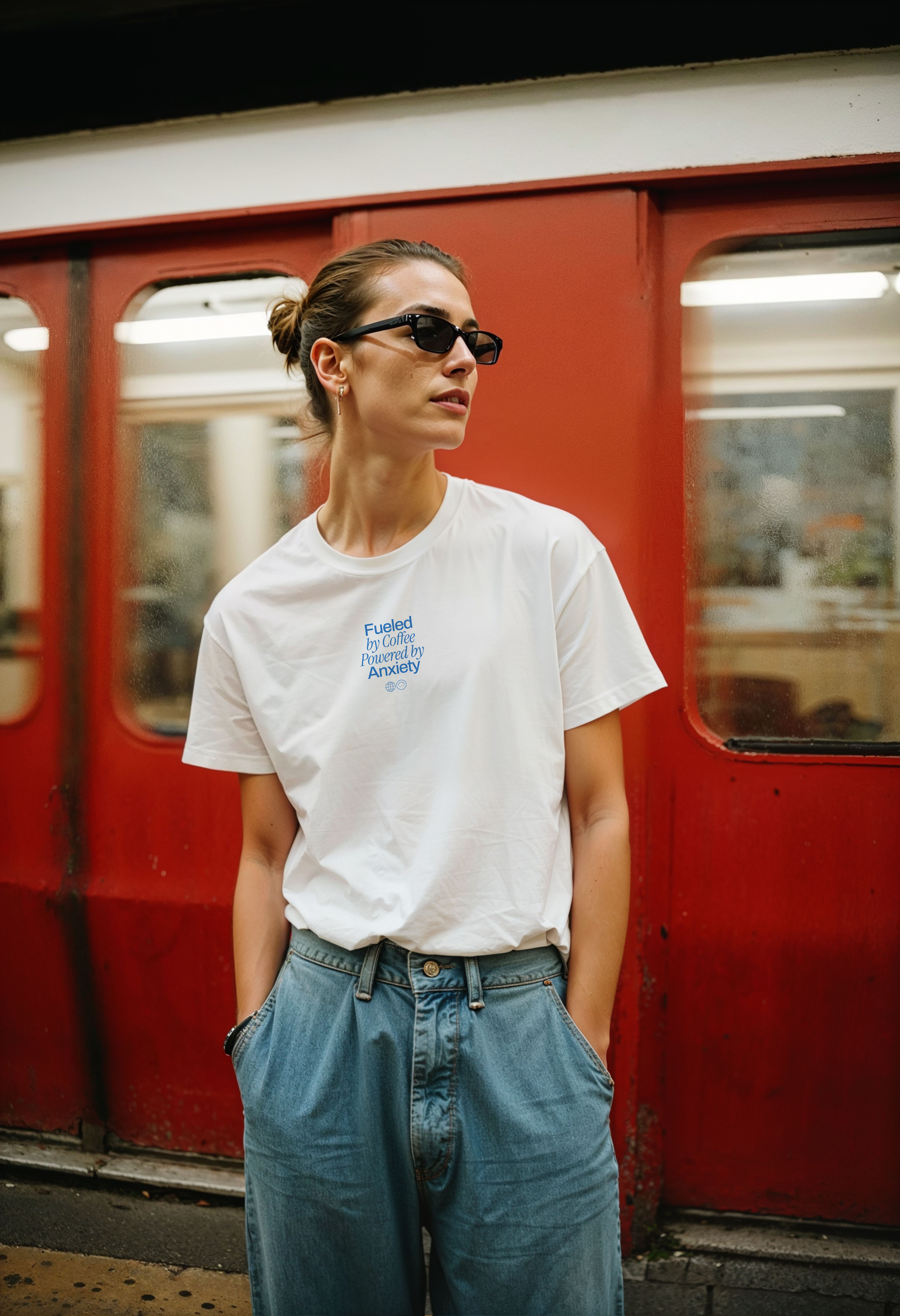 Fueled by Coffee, Powered by Anxiety Unisex T-shirt | Front & back print product thumbnail image Fueled by Coffee, Powered by Anxiety Unisex T-shirt | Front & back print product thumbnail image