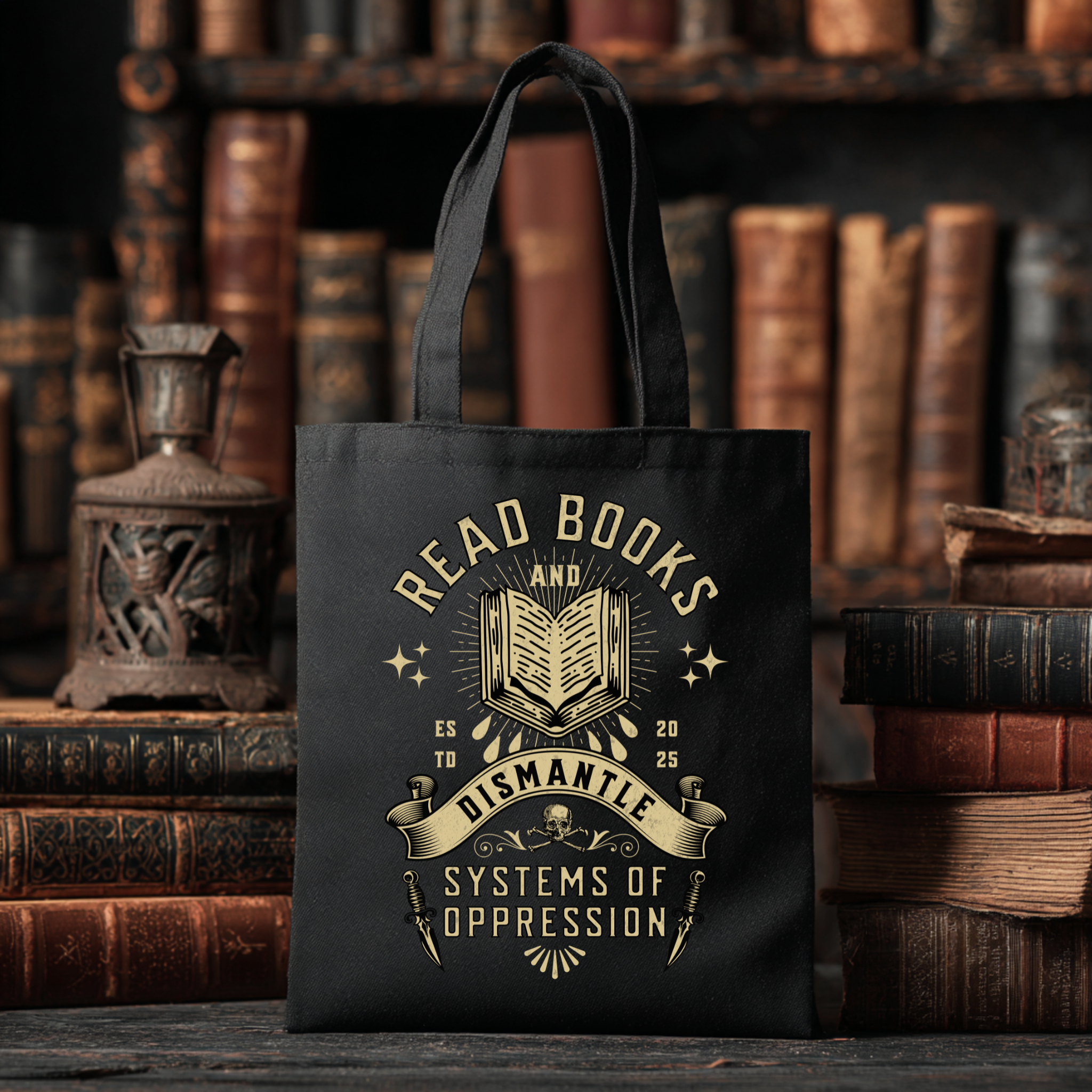 Read Books & Dismantle Systems of Oppression Tote Bag product thumbnail image Read Books & Dismantle Systems of Oppression Tote Bag product thumbnail image