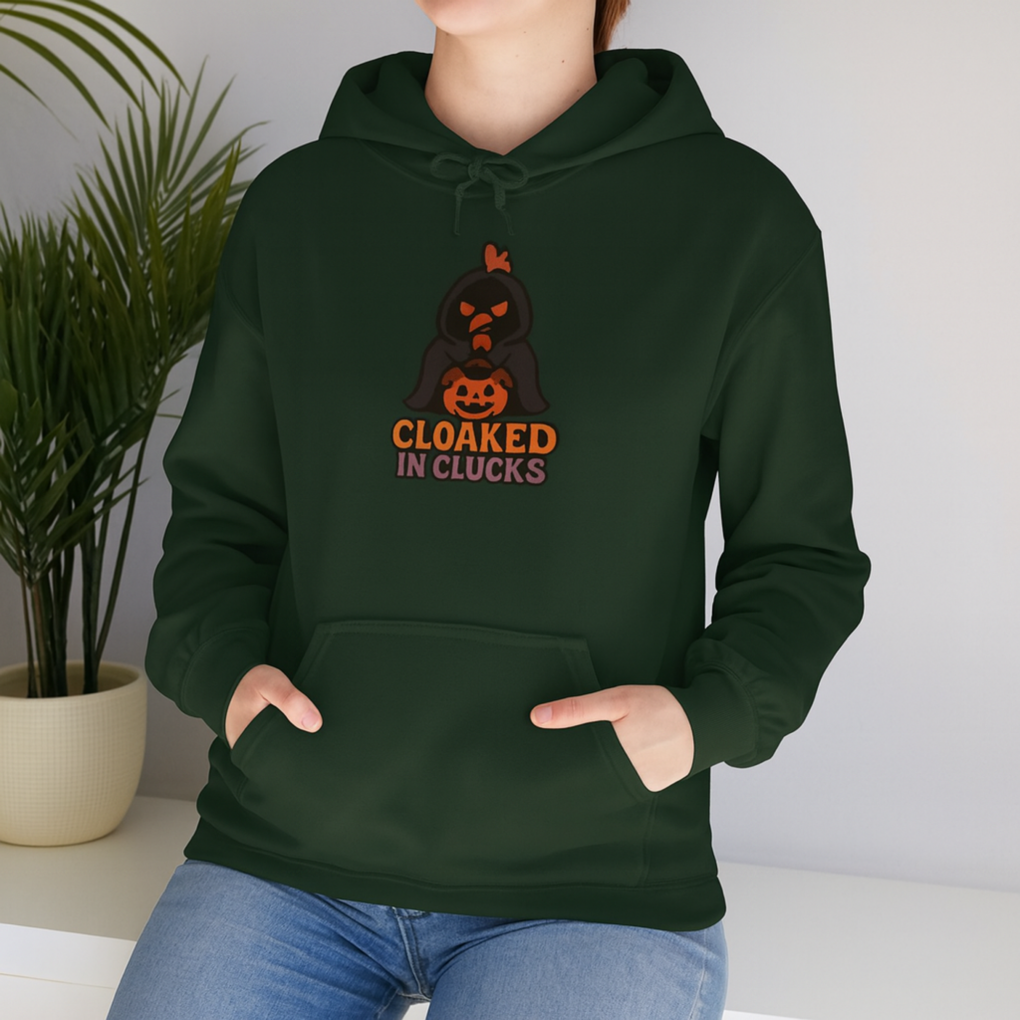 Cloaked in Clucks Hoodie | Funny Halloween Chicken Sweatshirt | Spooky Fall Unisex Pullover product thumbnail image