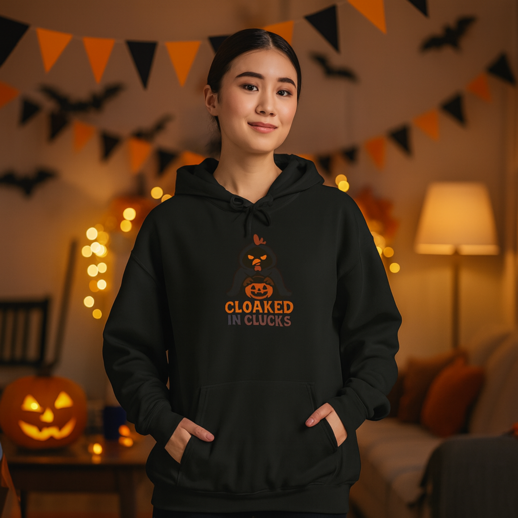 Cloaked in Clucks Hoodie | Funny Halloween Chicken Sweatshirt | Spooky Fall Unisex Pullover product thumbnail image