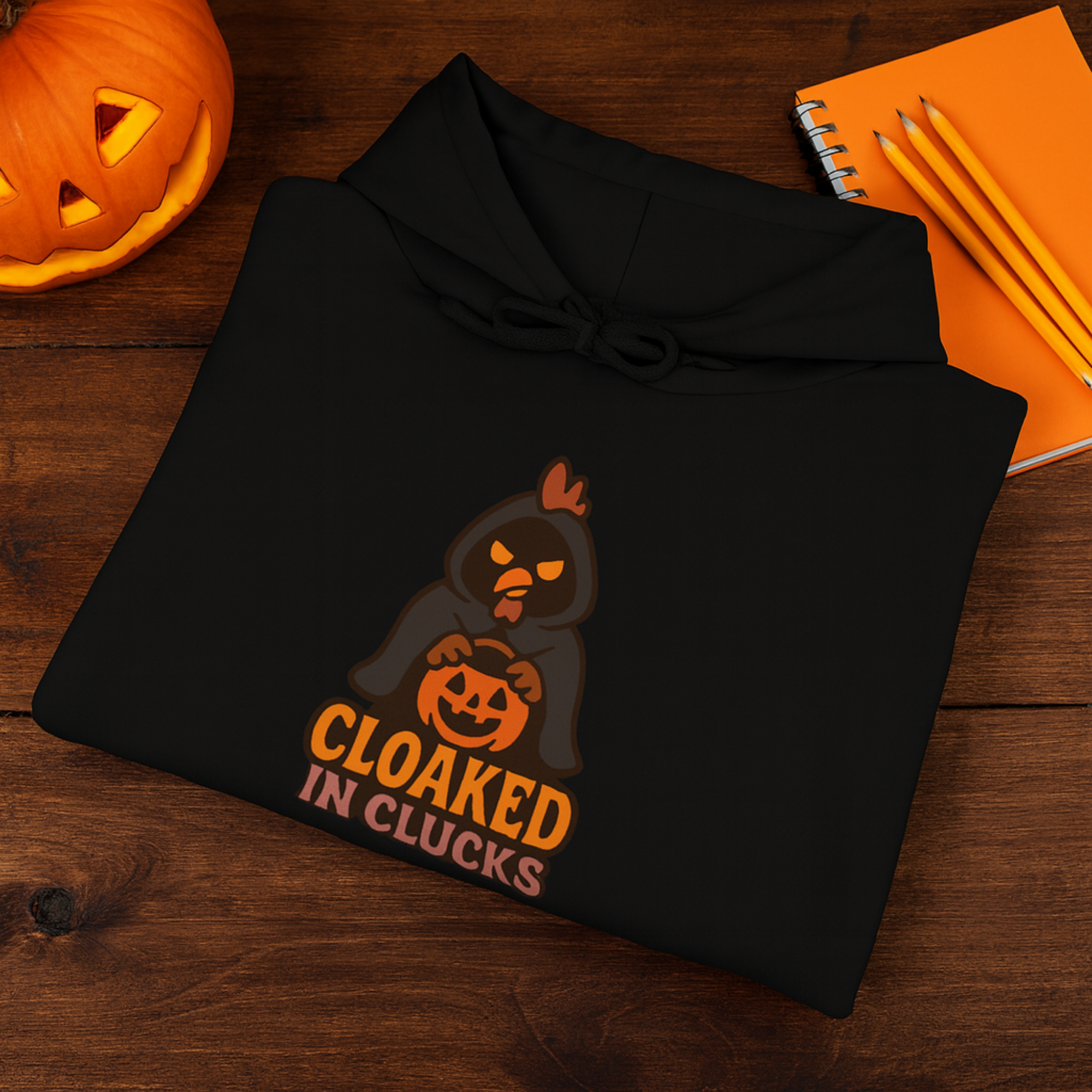 Cloaked in Clucks Hoodie | Funny Halloween Chicken Sweatshirt | Spooky Fall Unisex Pullover product thumbnail image