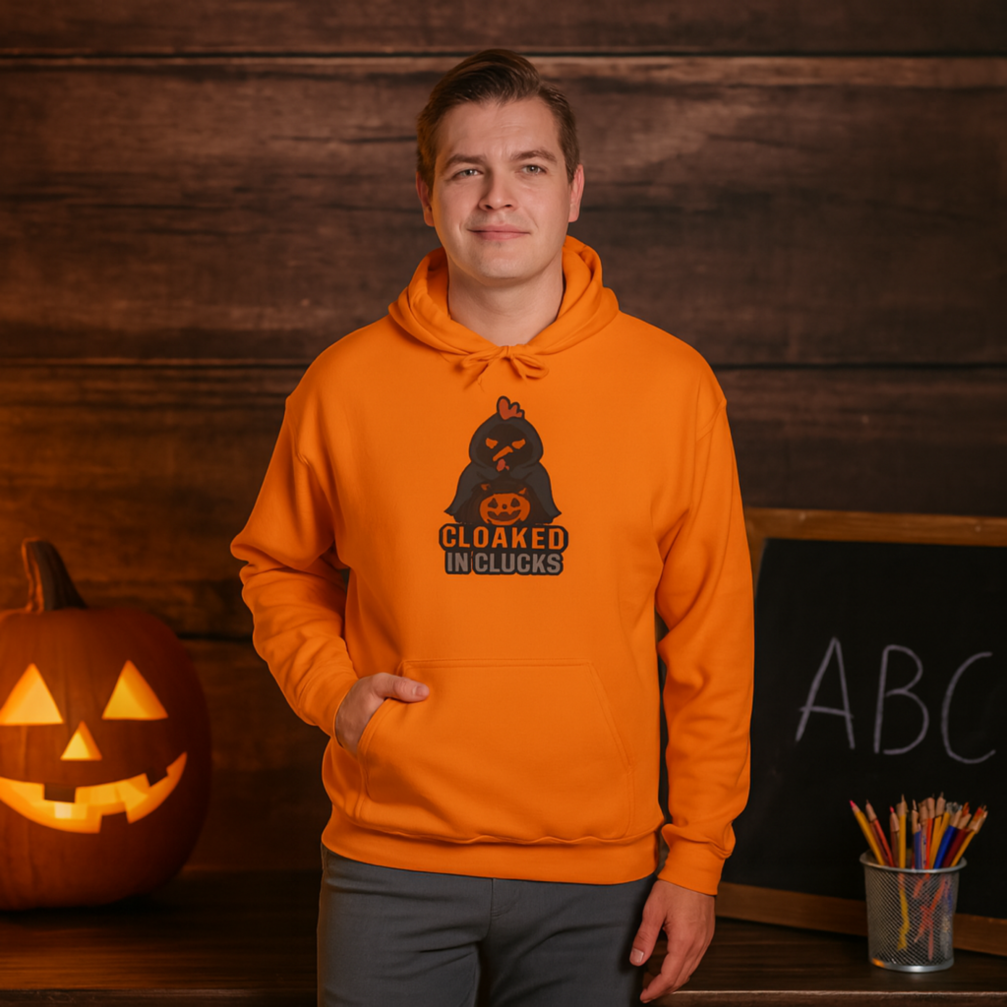 Cloaked in Clucks Hoodie | Funny Halloween Chicken Sweatshirt | Spooky Fall Unisex Pullover product thumbnail image