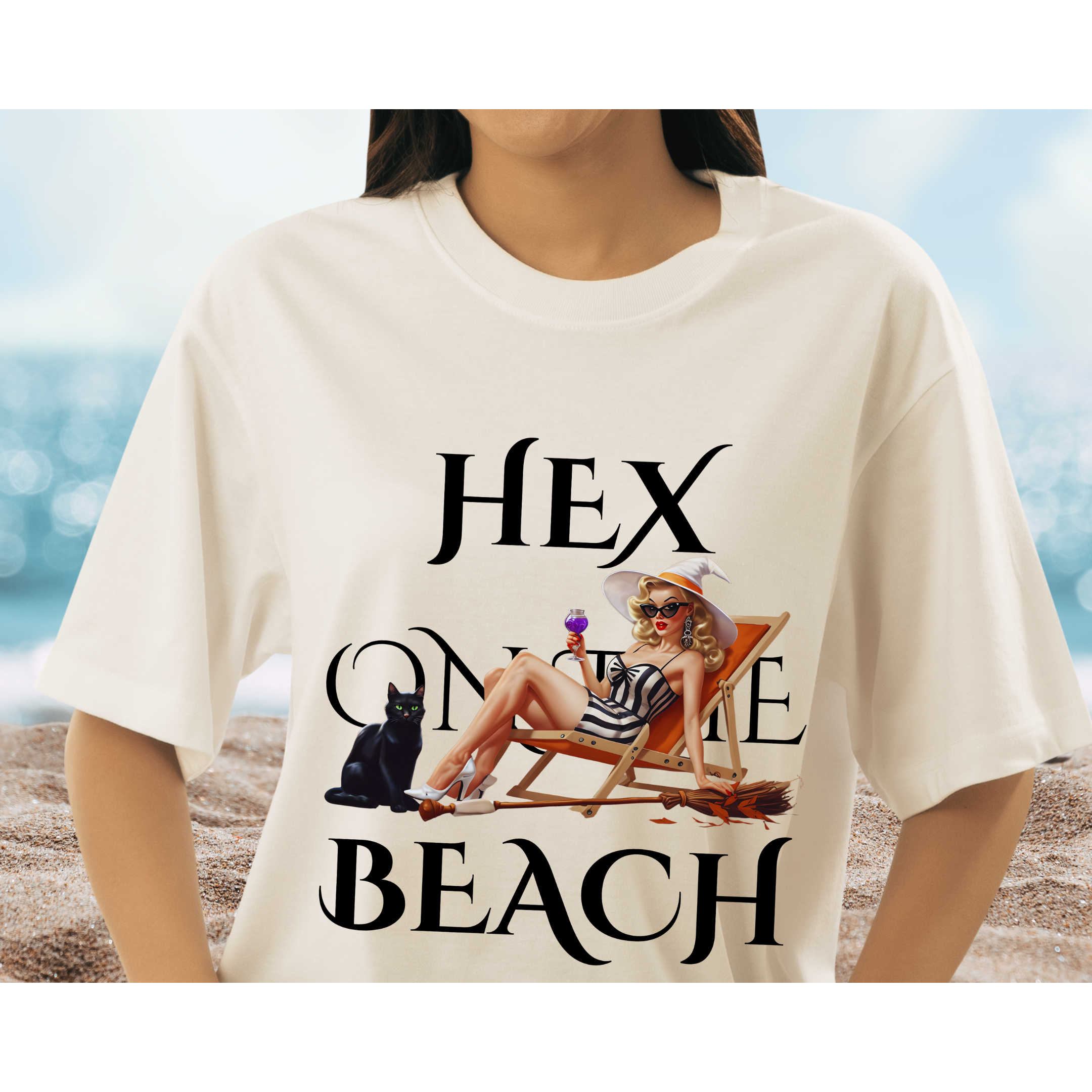 Hex On The Beach Shirt- Funny Witch Graphic Tee, Retro Pinup Halloween Tee, Spooky Season Fall Graphic