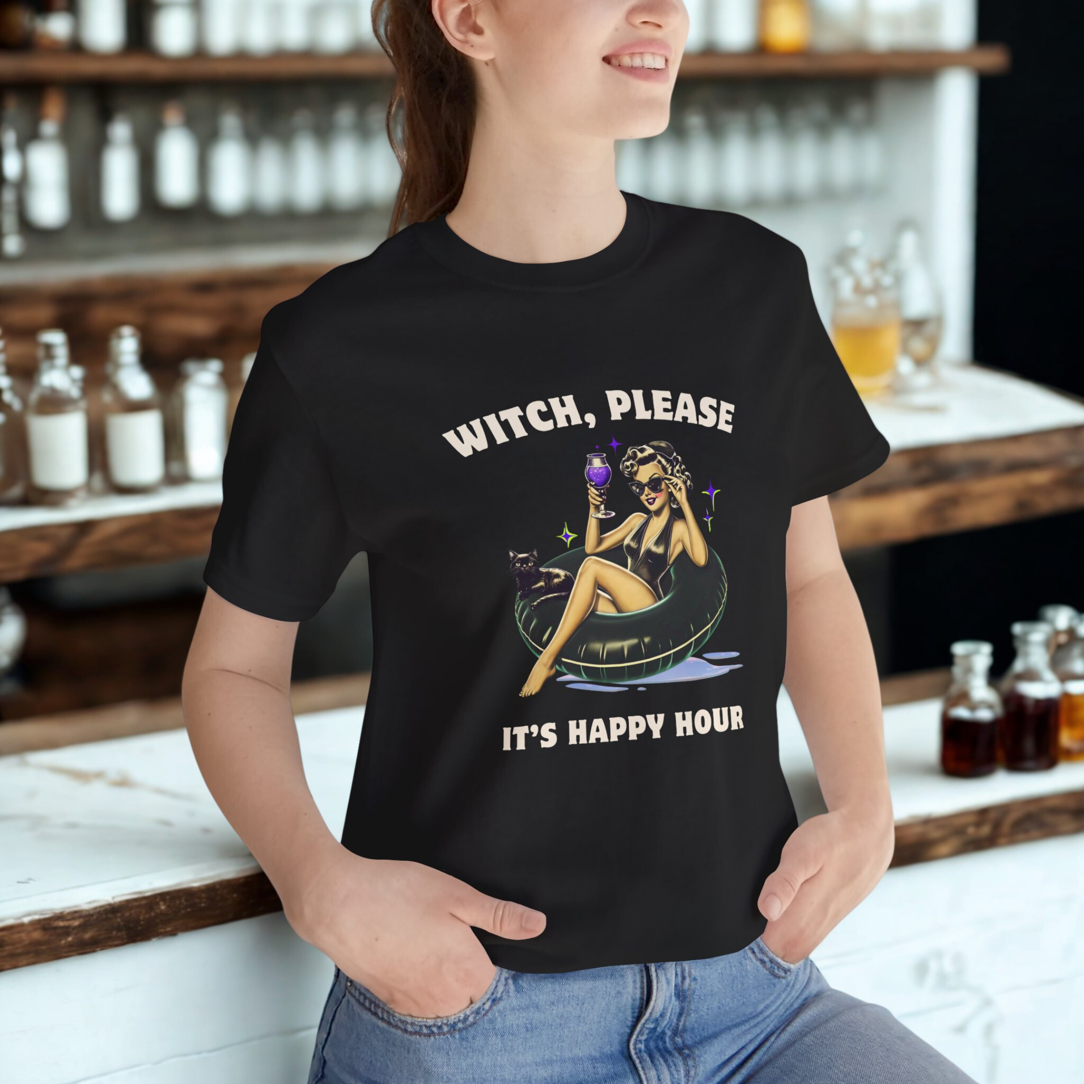 Witch Please, It's Happy Hour Shirt- Funny Witchy Halloween Graphic Tee, Halloween Drinking Shirt, Spooky Season Bella Canvas Tee product thumbnail image