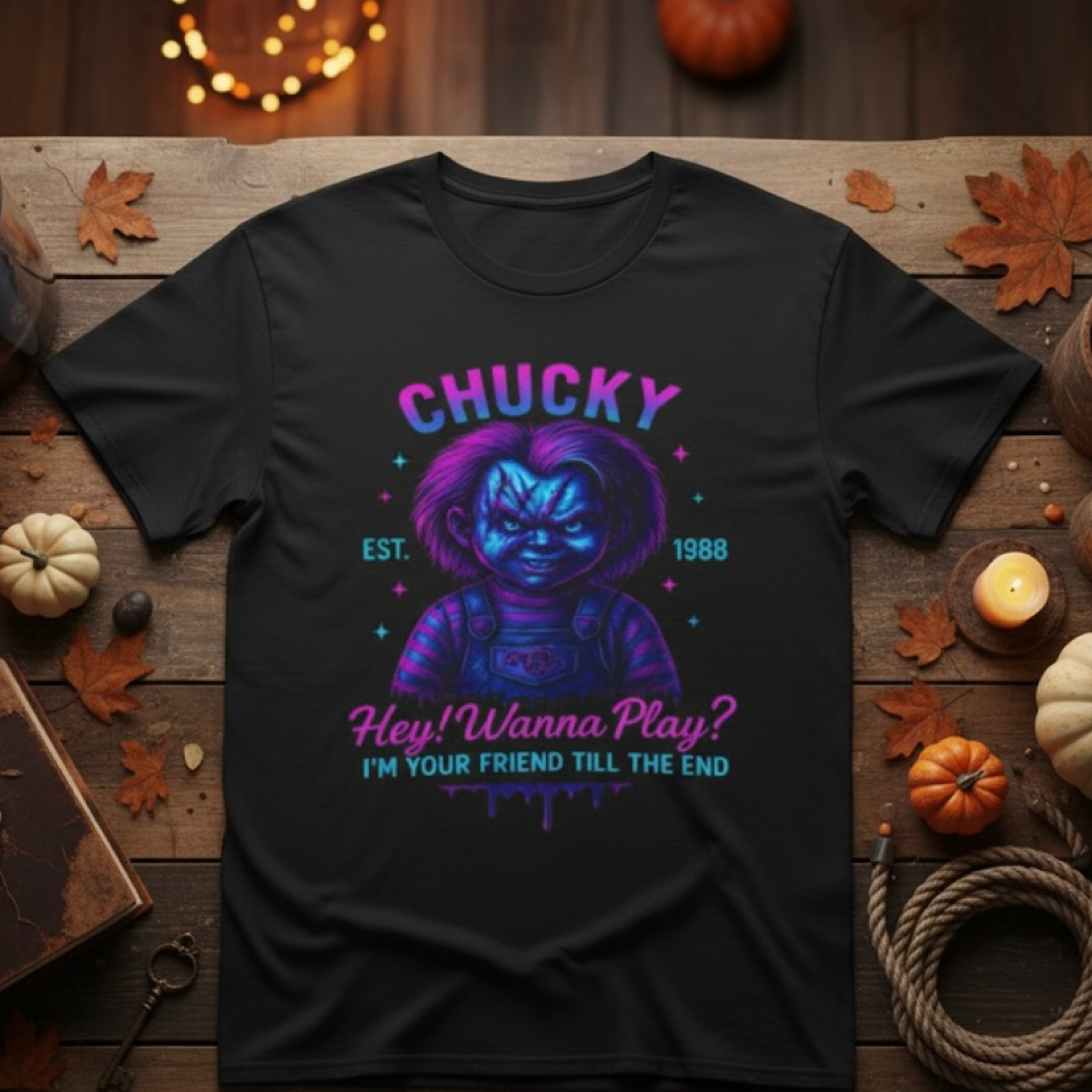 Cyberpunk Chucky T-Shirt Horror Movie  Retro Neon Glow Graphic Halloween Shirt