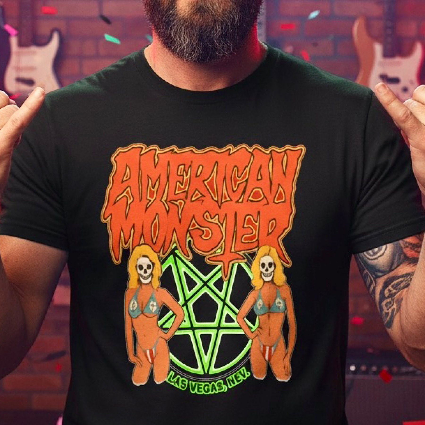 American Monster Band T-Shirt Vintage Metal Rock Graphic Tee Las Vegas Horror 