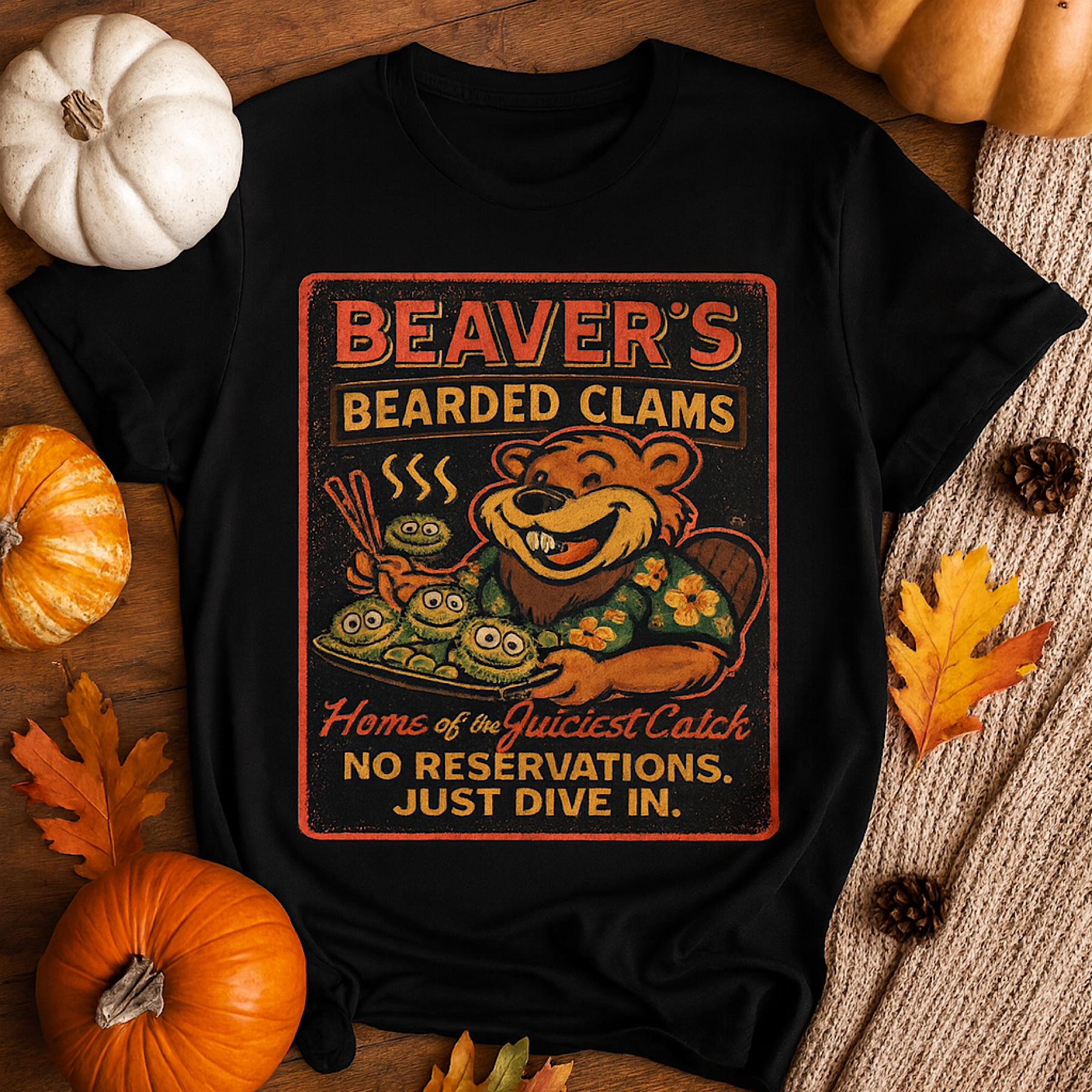 Beaver’s Bearded Clams Shirt Funny Seafood Joke Humor Tee Party Beach Vintage 