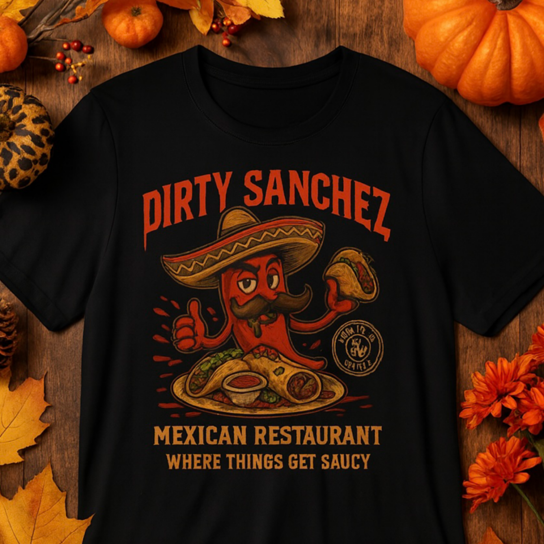 Funny Dirty Sanchez Mexican Restaurant Shirt Taco Burrito Foodie Humor Saucy Tee