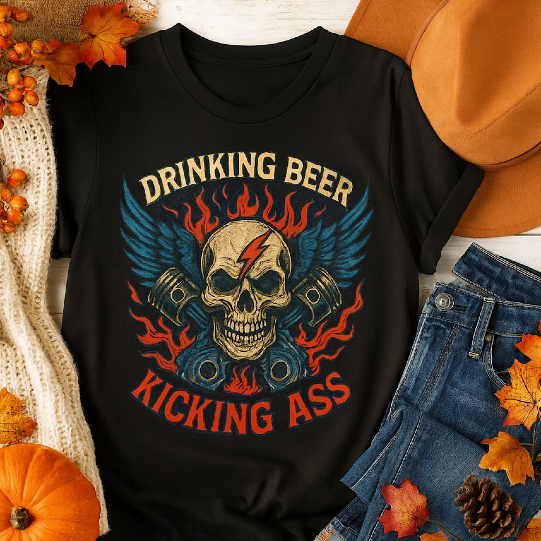 Drinking Beer Kicking Ass Skull Shirt Biker Punk Rock Metal Funny WWE Tee