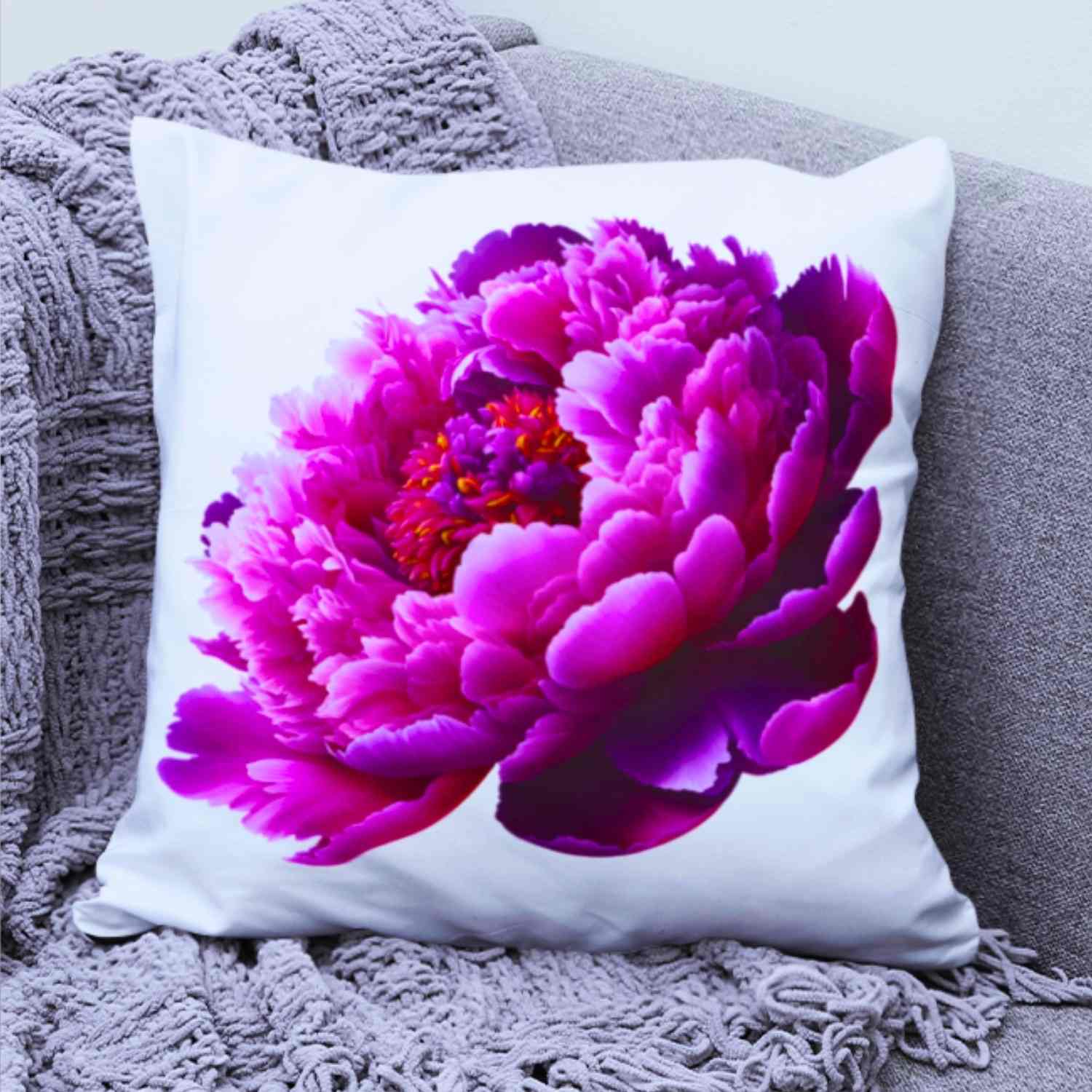 Pink Peony Throw Pillow – Elegant Flower Cushion on White Canvas, Decorative Pillow Cover for Bedroom, Sofa, Housewarming or Anniversary Gift product thumbnail image