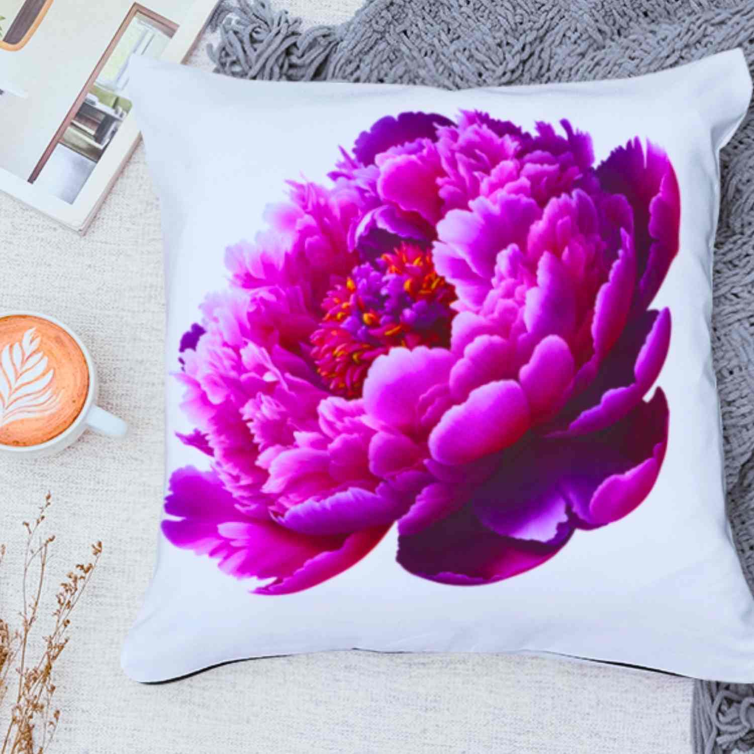 Pink Peony Throw Pillow – Elegant Flower Cushion on White Canvas, Decorative Pillow Cover for Bedroom, Sofa, Housewarming or Anniversary Gift product thumbnail image