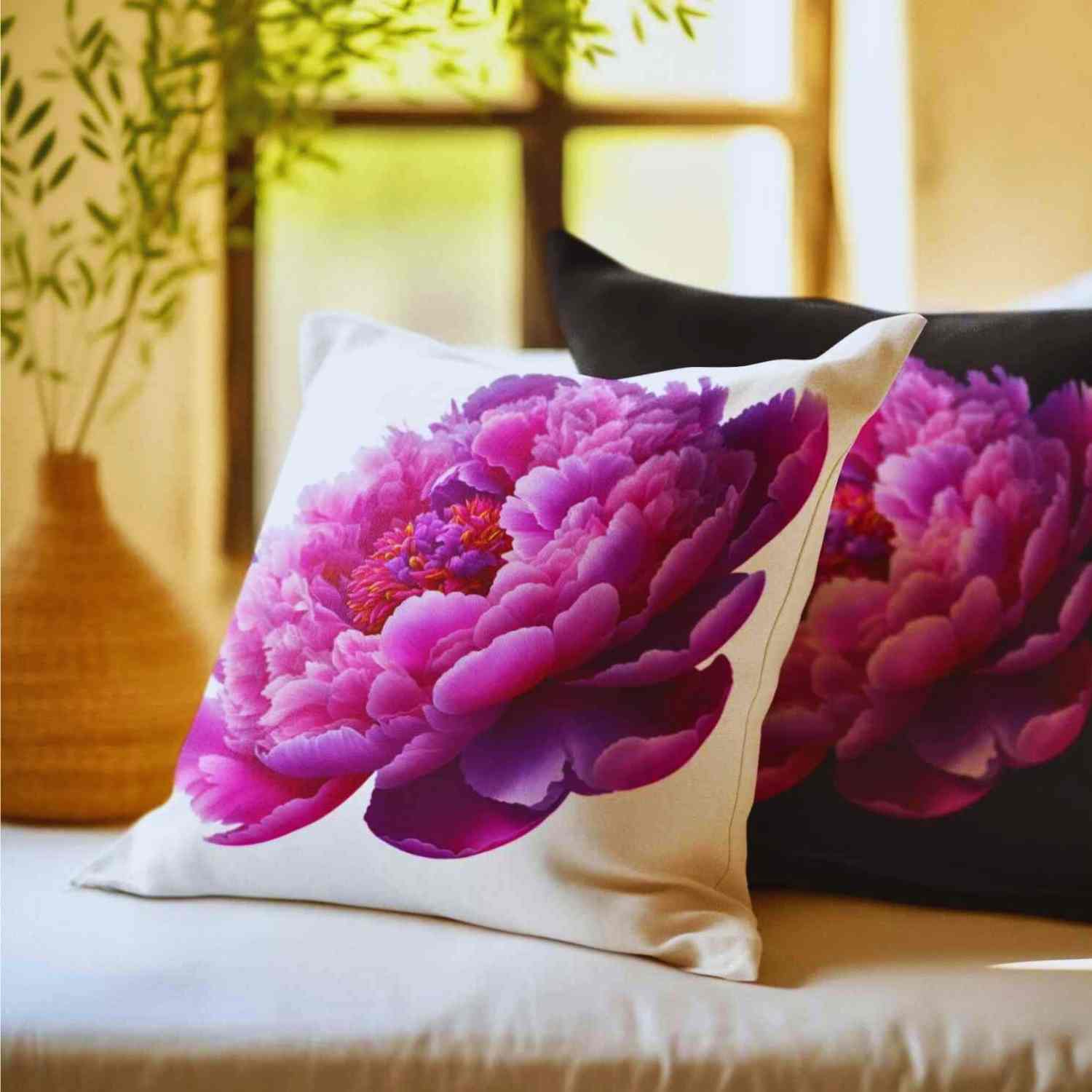 Pink Peony Throw Pillow – Elegant Flower Cushion on White Canvas, Decorative Pillow Cover for Bedroom, Sofa, Housewarming or Anniversary Gift product thumbnail image