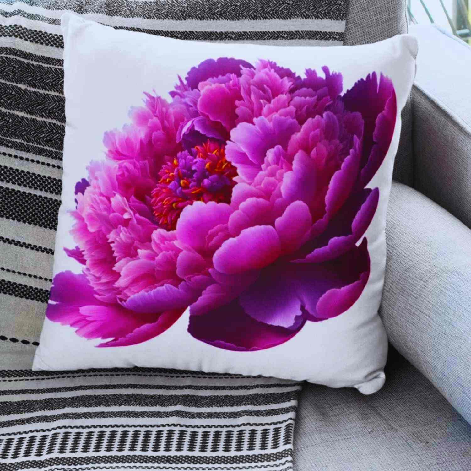 Pink Peony Throw Pillow – Elegant Flower Cushion on White Canvas, Decorative Pillow Cover for Bedroom, Sofa, Housewarming or Anniversary Gift product thumbnail image