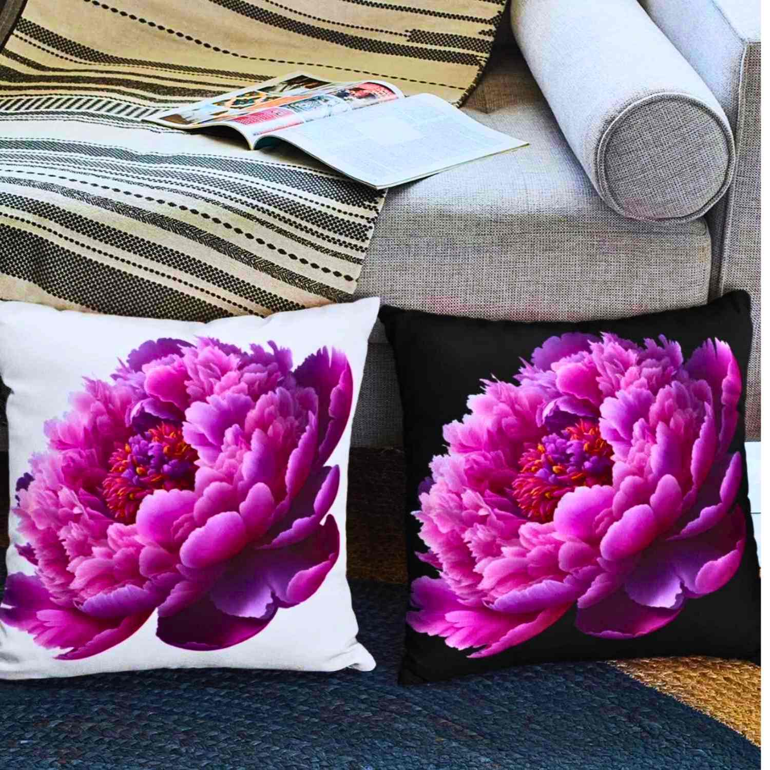 Pink Peony Throw Pillow – Elegant Flower Cushion on White Canvas, Decorative Pillow Cover for Bedroom, Sofa, Housewarming or Anniversary Gift product thumbnail image