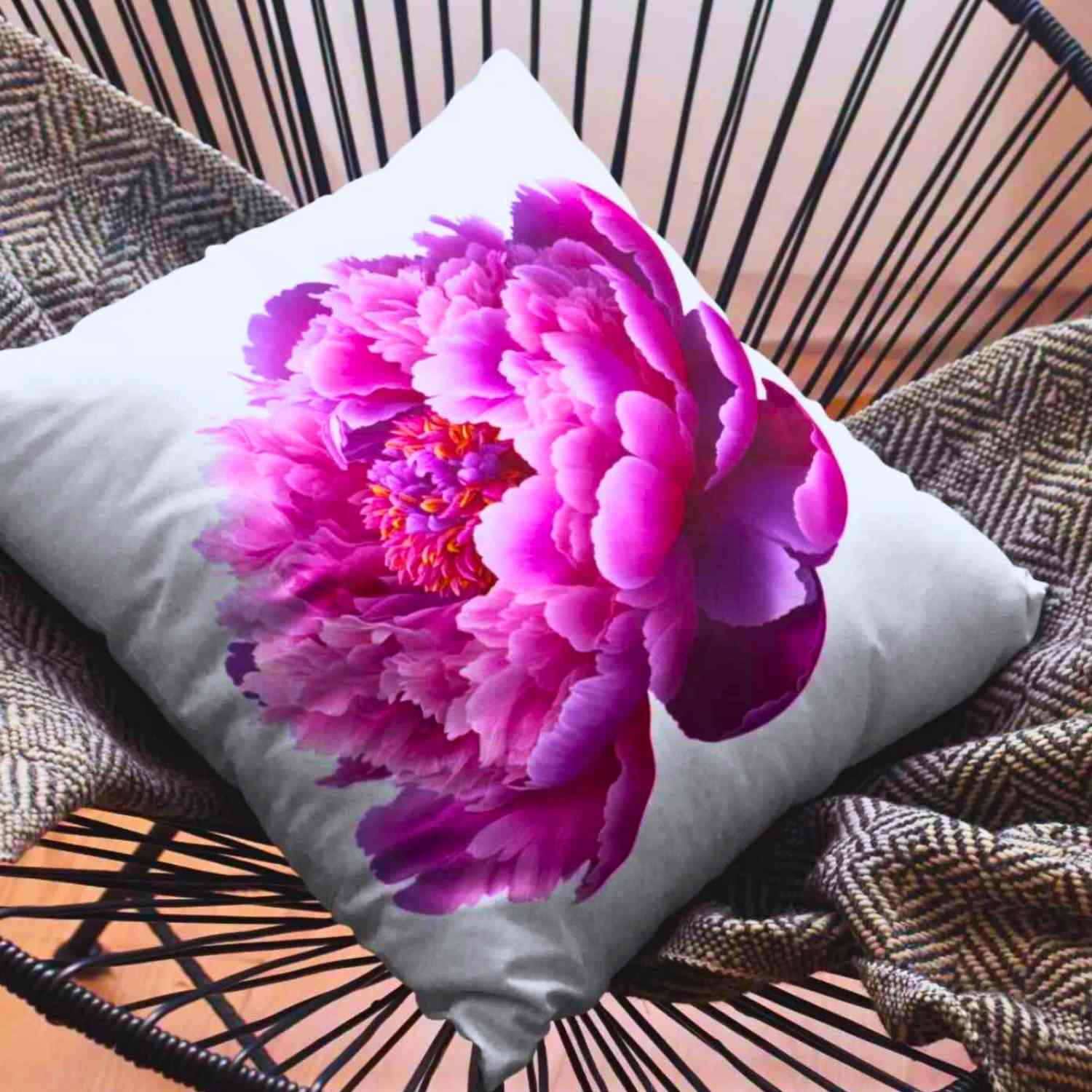 Pink Peony Throw Pillow – Elegant Flower Cushion on White Canvas, Decorative Pillow Cover for Bedroom, Sofa, Housewarming or Anniversary Gift product thumbnail image