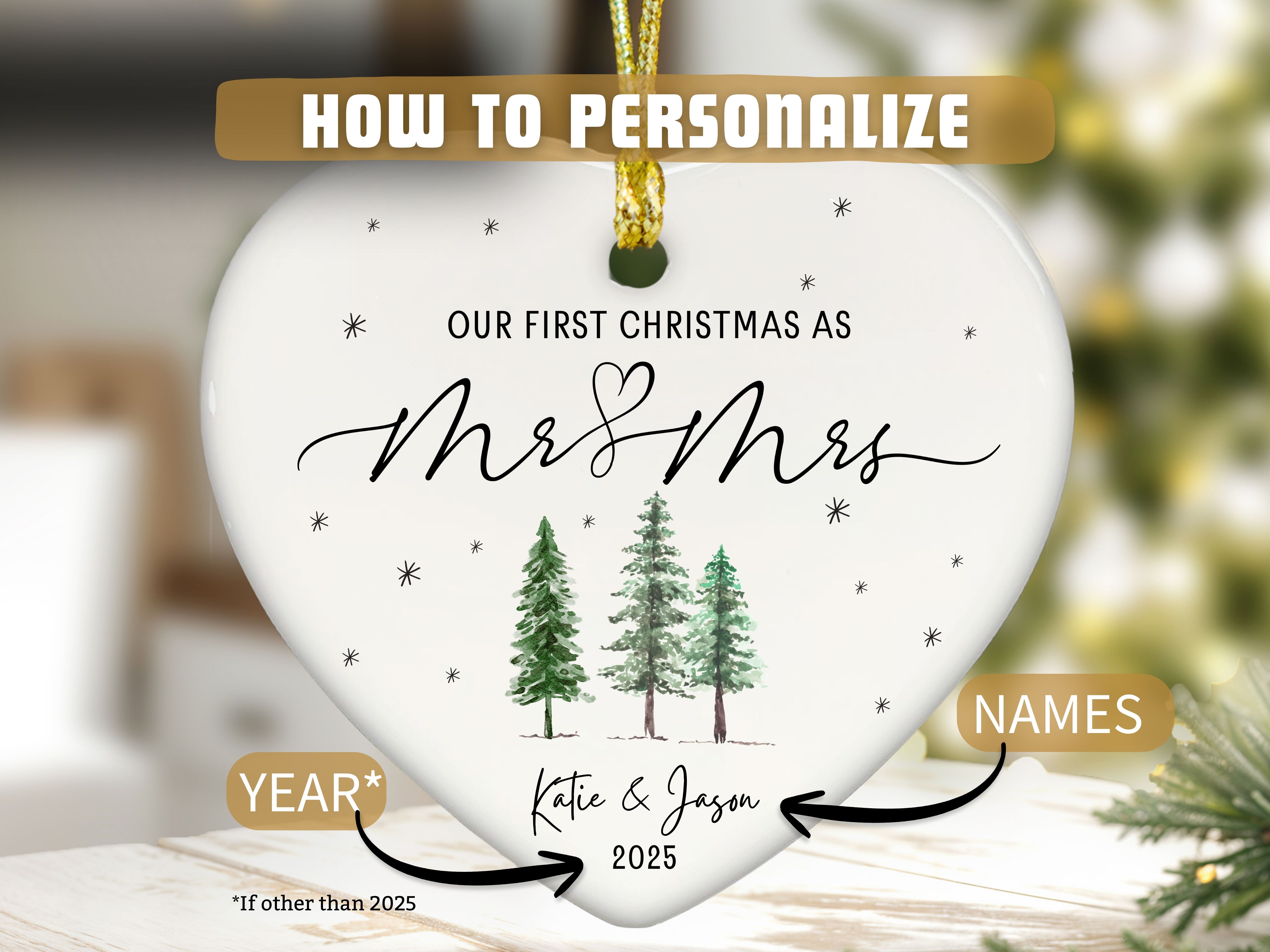 Personalized First Christmas Married Ornament, Newlywed heart-shaped Ornament, Heirloom keepsake for generations, Gift for Couples product thumbnail image