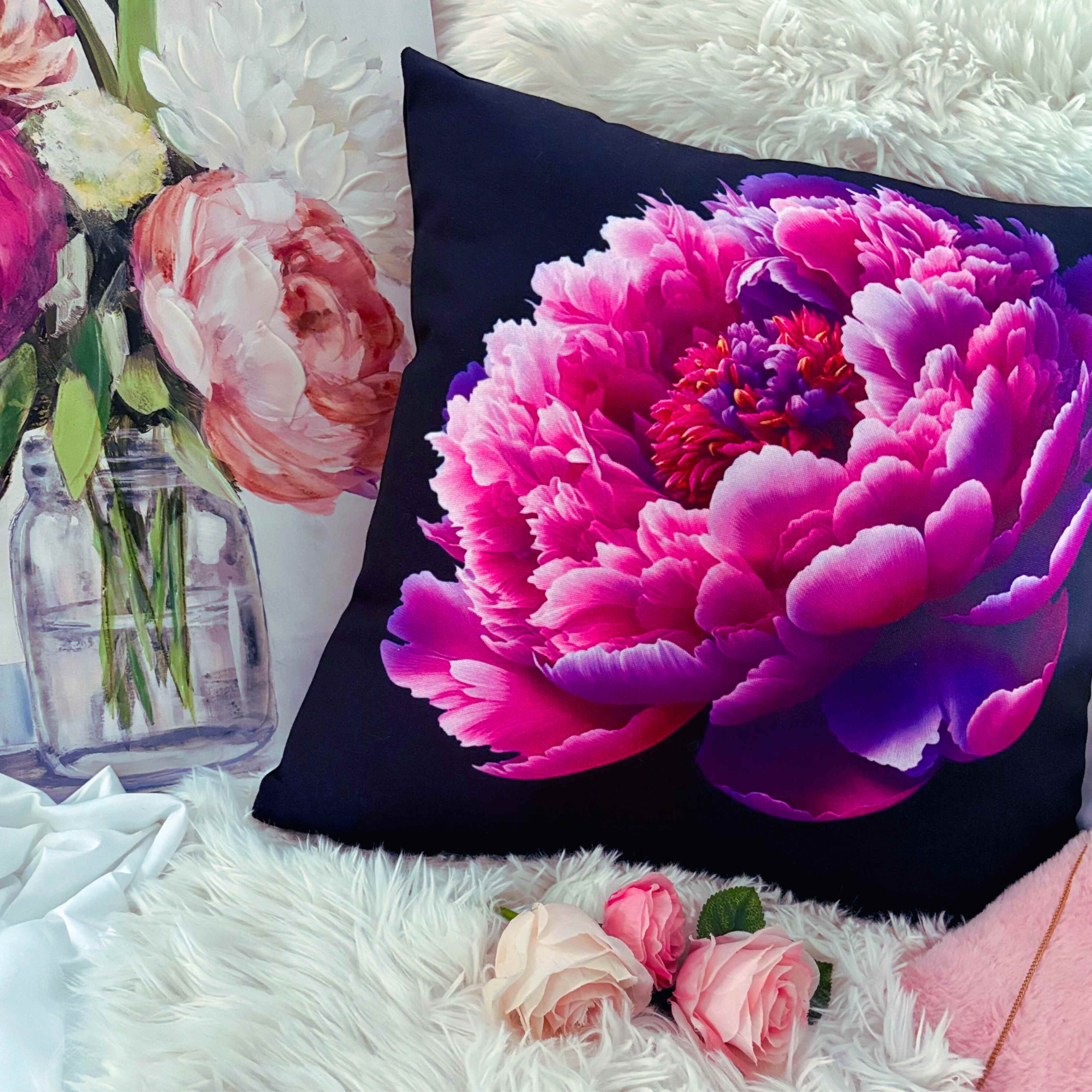 Pink Peony Floral Pillow – Romantic Bloom on Black Canvas, Double-Sided Decorative Throw Cushion for Bedroom, Sofa or Living Room Décor product thumbnail image