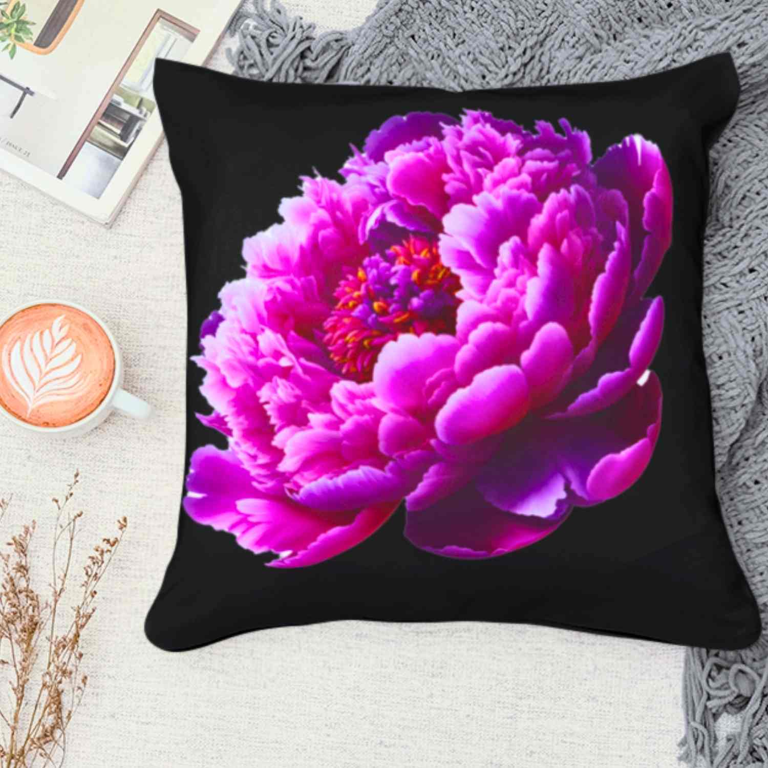 Pink Peony Floral Pillow – Romantic Bloom on Black Canvas, Double-Sided Decorative Throw Cushion for Bedroom, Sofa or Living Room Décor product thumbnail image
