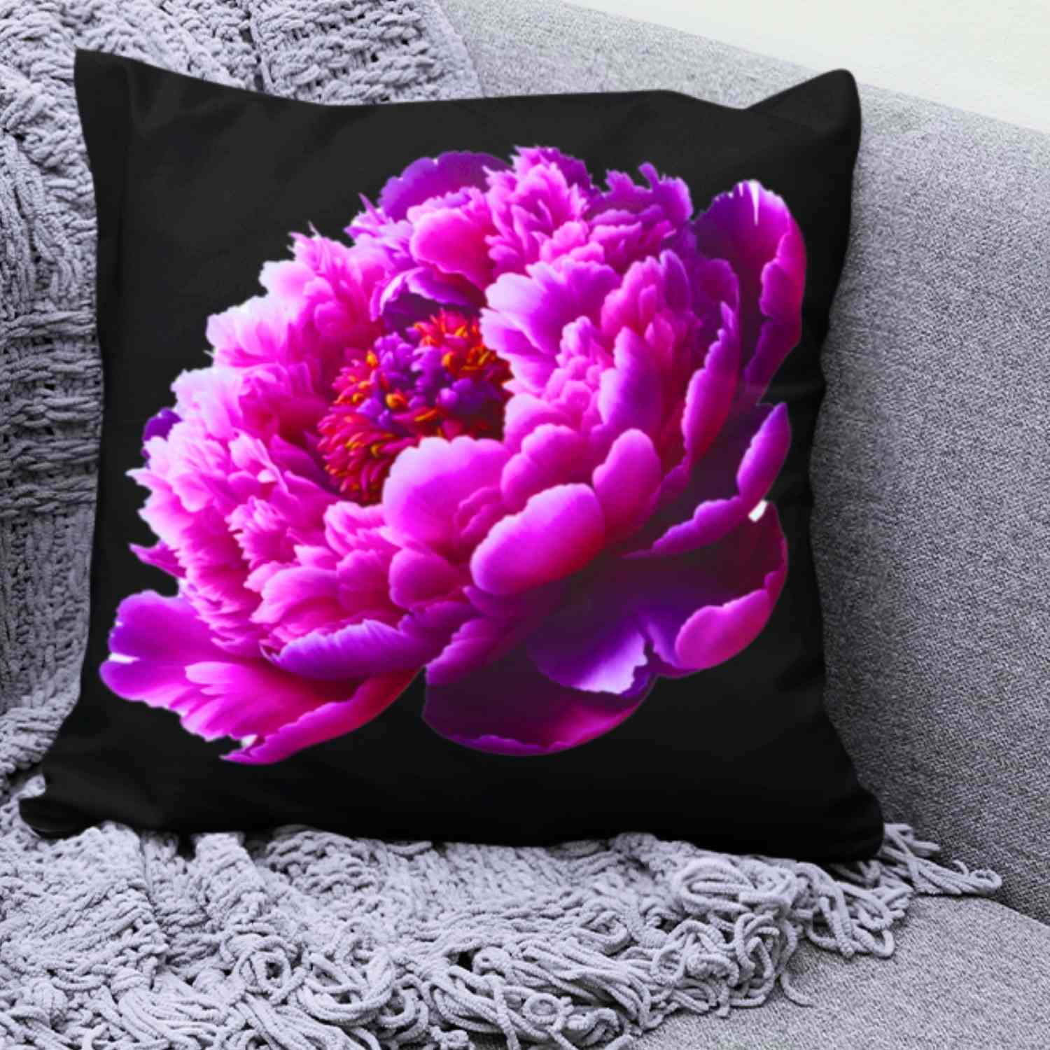 Pink Peony Floral Pillow – Romantic Bloom on Black Canvas, Double-Sided Decorative Throw Cushion for Bedroom, Sofa or Living Room Décor Pink Peony Floral Pillow – Romantic Bloom on Black Canvas, Double-Sided Decorative Throw Cushion for Bedroom, Sofa or Living Room Décor