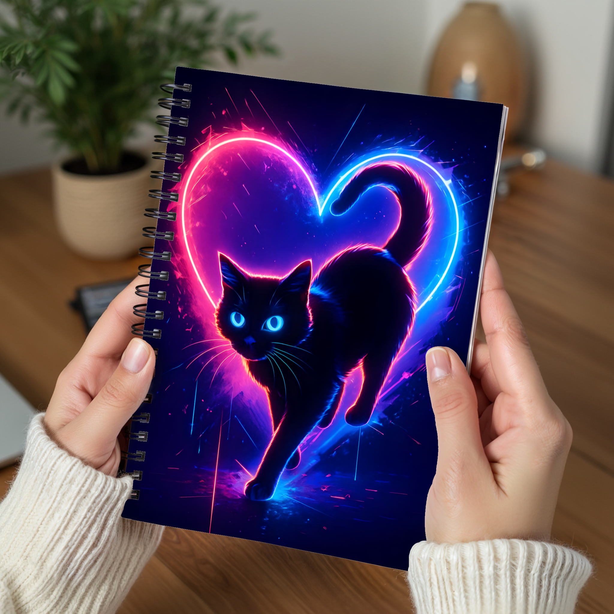 Neon Cat Spiral Notebook - Cute Pet Lover Journal, Gift for Cat Moms/Dads, Bright Heart Design for School/Office, Stationery