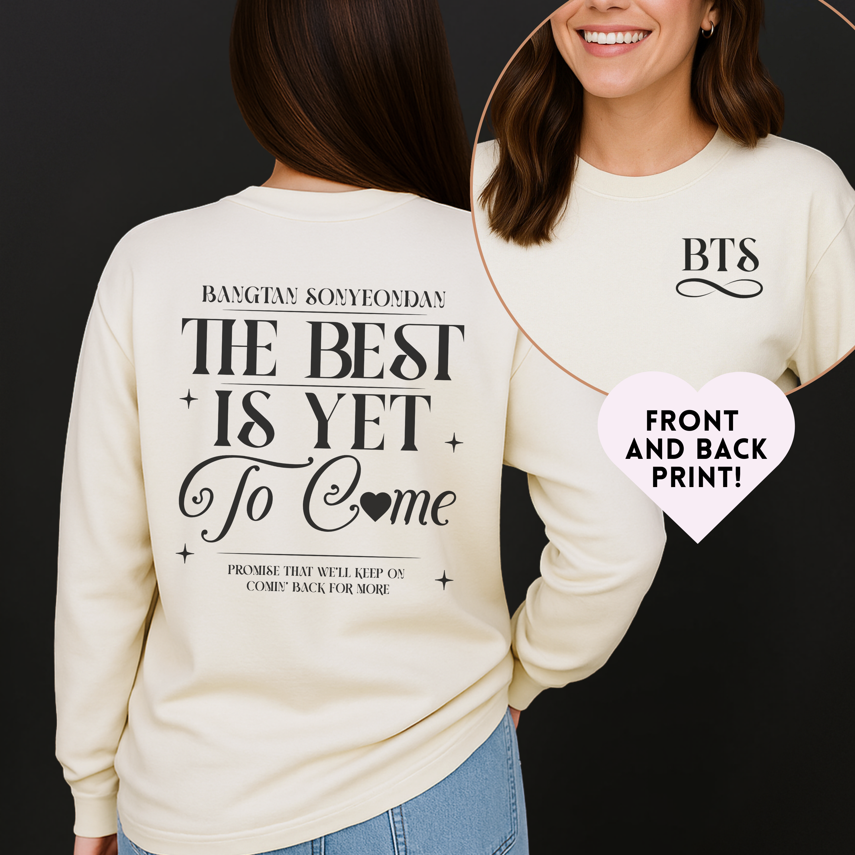 Bangtan Sonyeondan Forever Unisex Long Sleeve Tee, Printed on Front and Back, Designed for Army, by Army product thumbnail image Bangtan Sonyeondan Forever Unisex Long Sleeve Tee, Printed on Front and Back, Designed for Army, by Army product thumbnail image