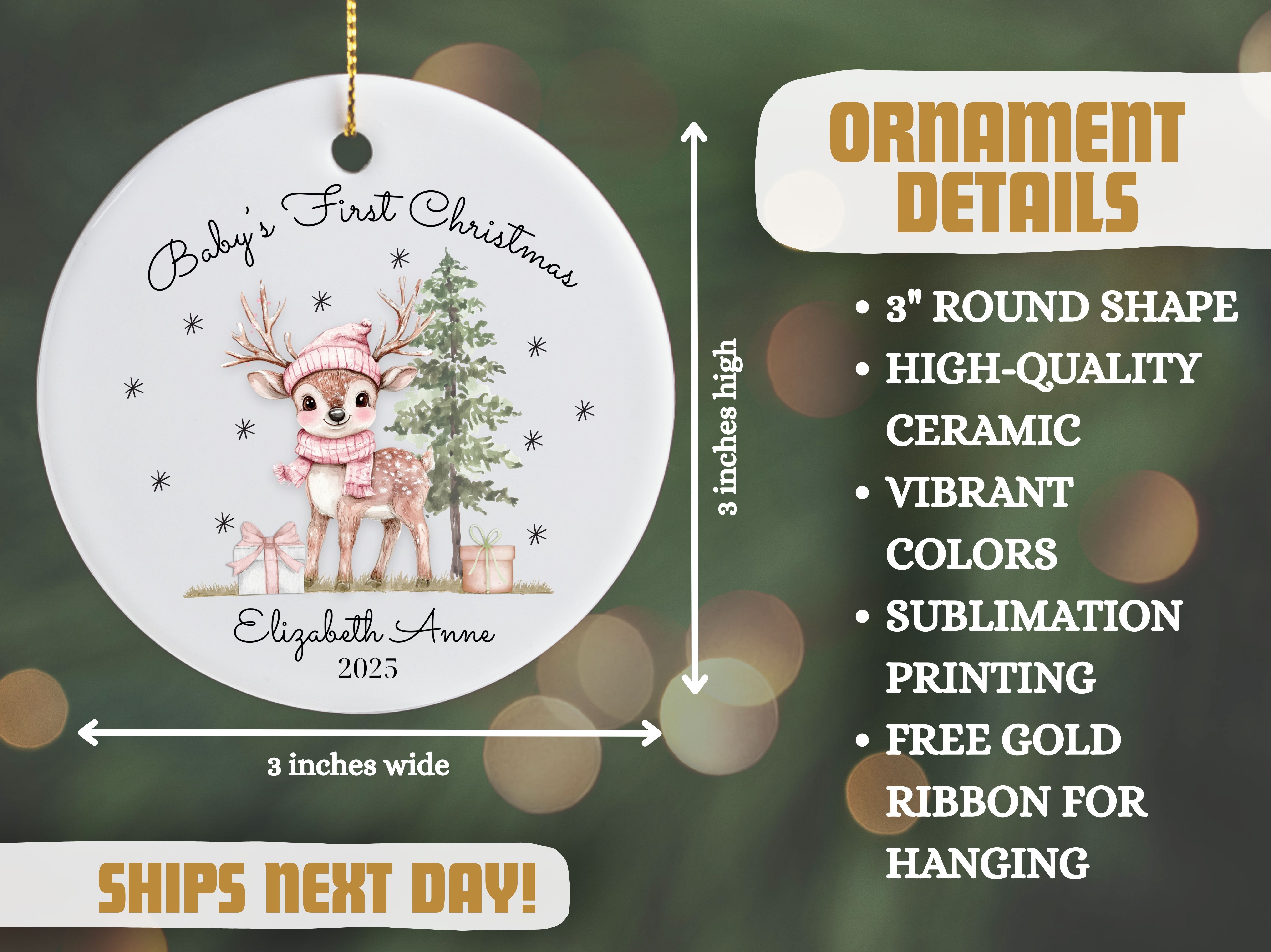 Personalized Baby Girl's First Christmas Ornament, Old-style Christmas Tree Decoration, First Christmas Keepsake, Gift for New Baby, Parents product thumbnail image