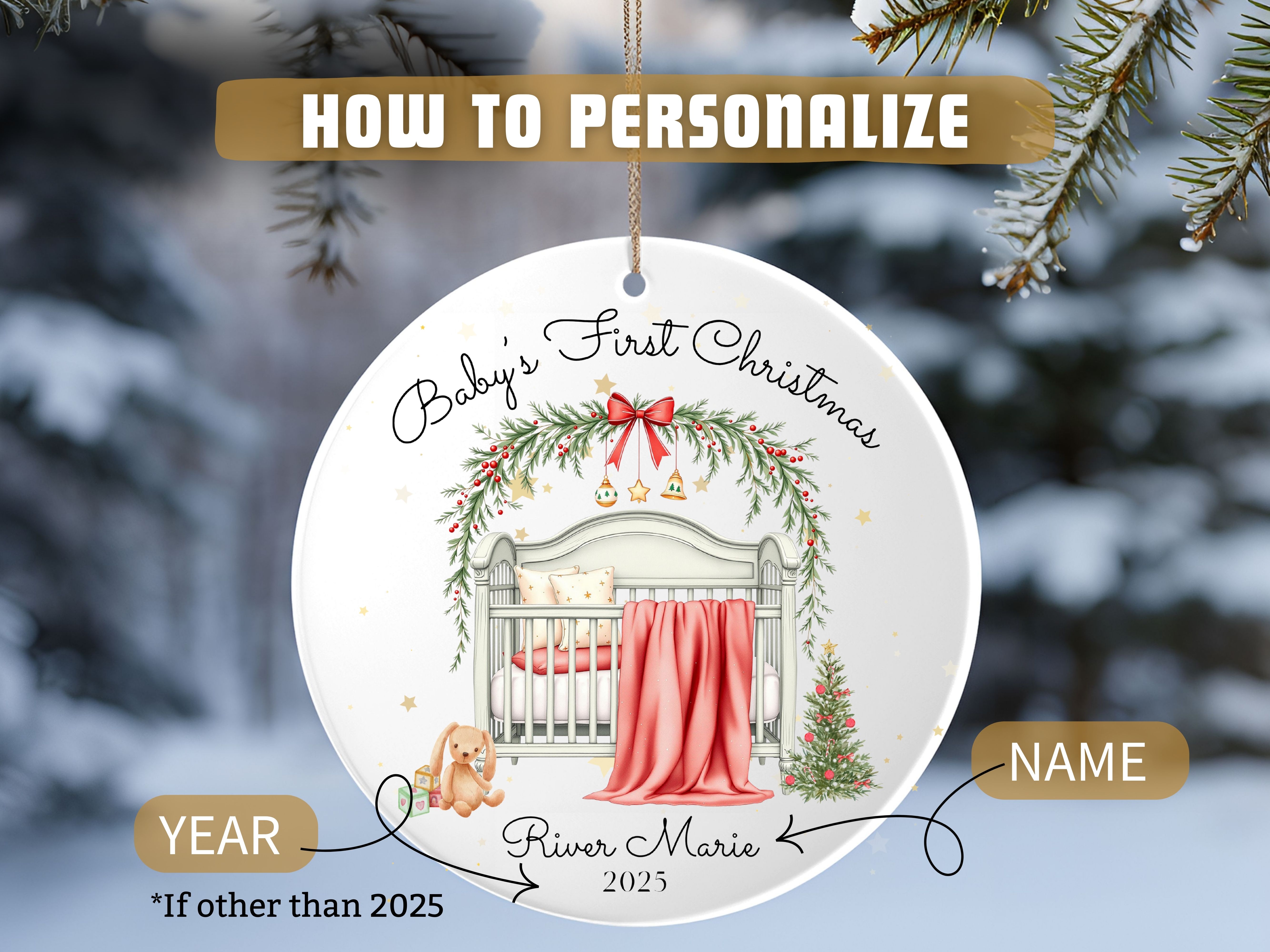 Personalized Baby Girl's First Christmas Ornament, Old-style Christmas Tree Decoration, First Christmas Keepsake, Gift for New Baby, Parents product thumbnail image
