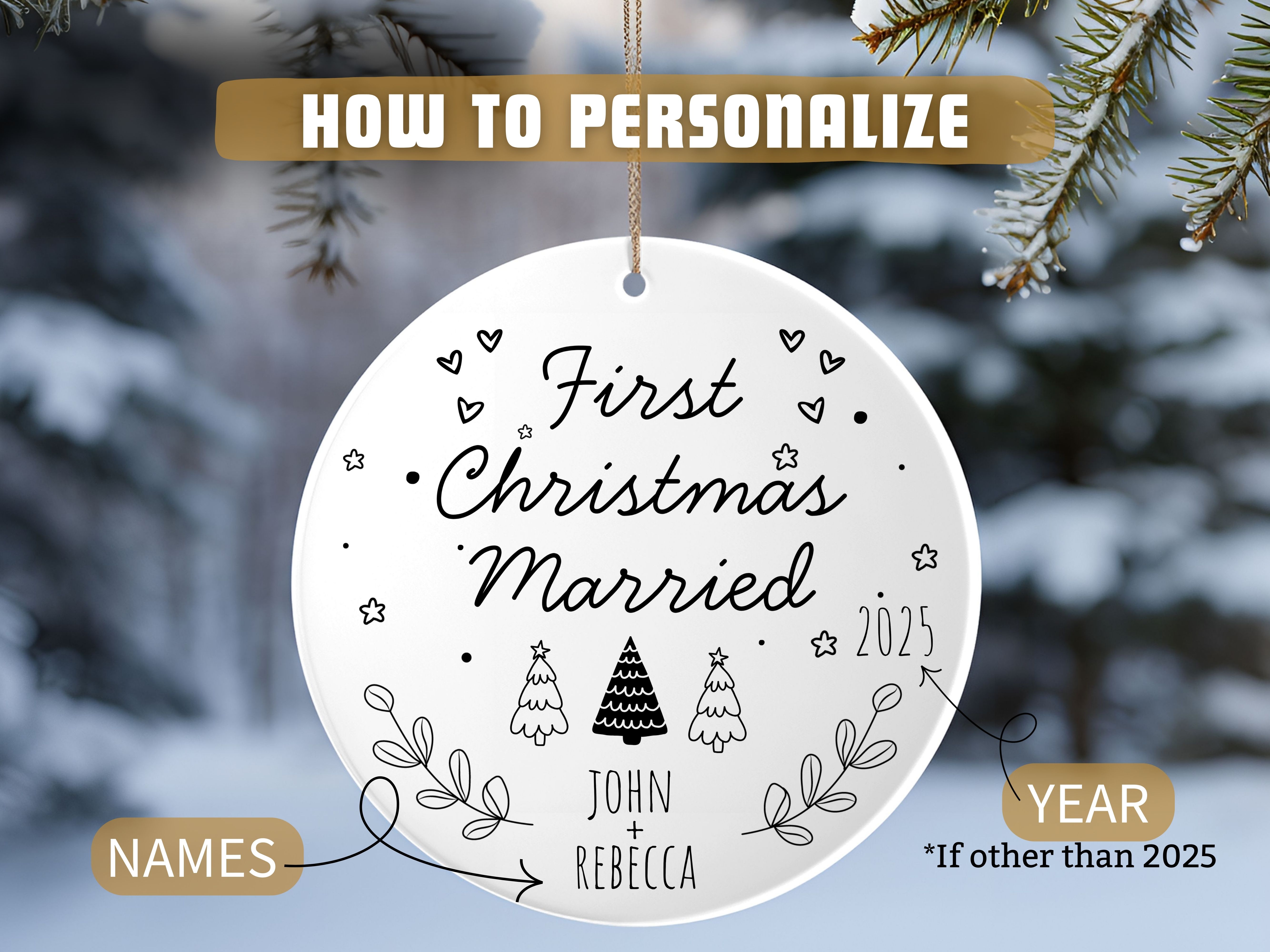 1st Christmas Married Ornament, Family Christmas Tree Decoration, First Christmas Keepsake, Gift for Couple, Holiday Memories product thumbnail image