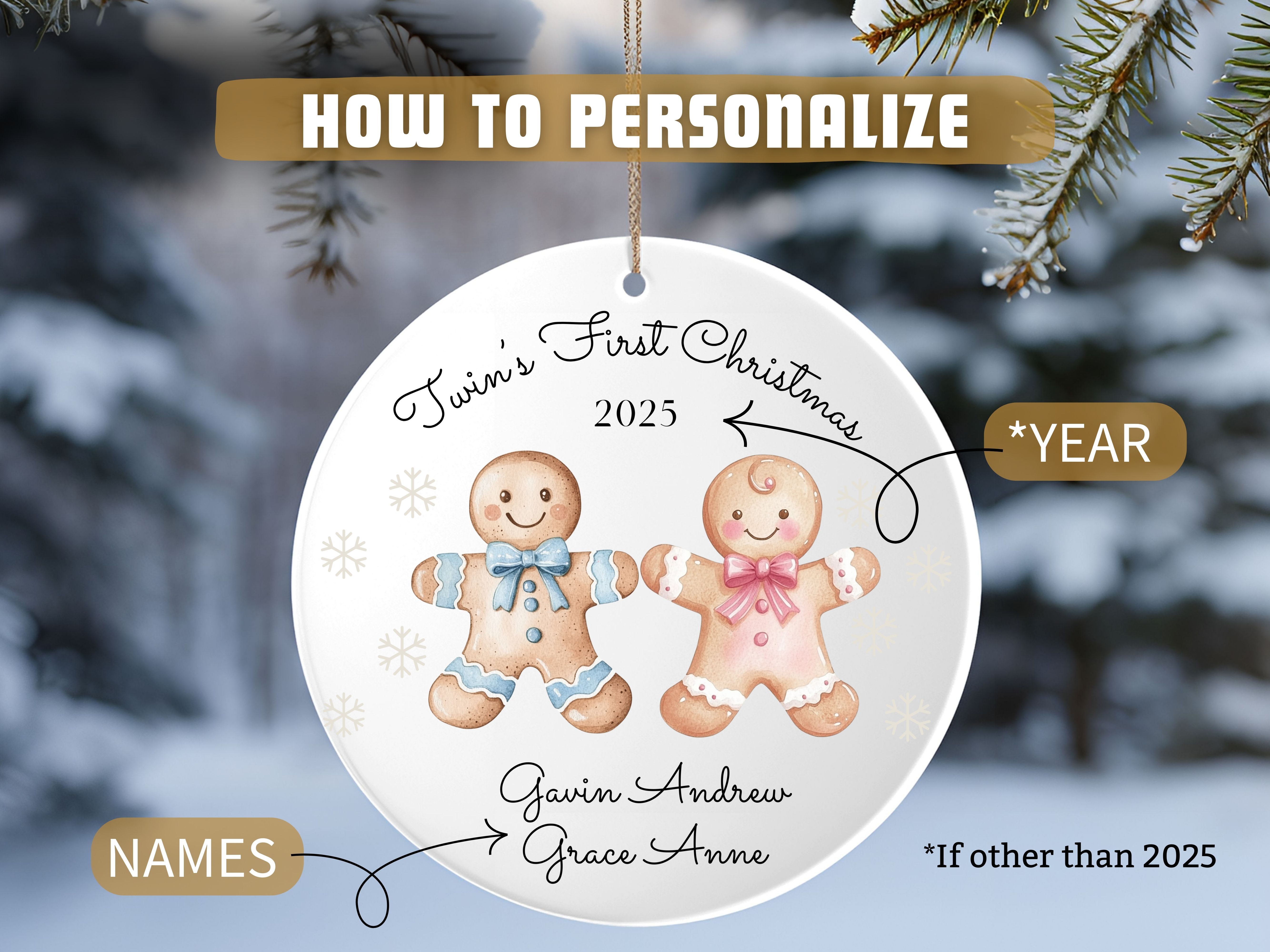 Personalized Boy and Girl Twins First Christmas Ornament, Gingerbread Man Christmas Tree Decoration, First Christmas Keepsake, Gift for Twins product thumbnail image