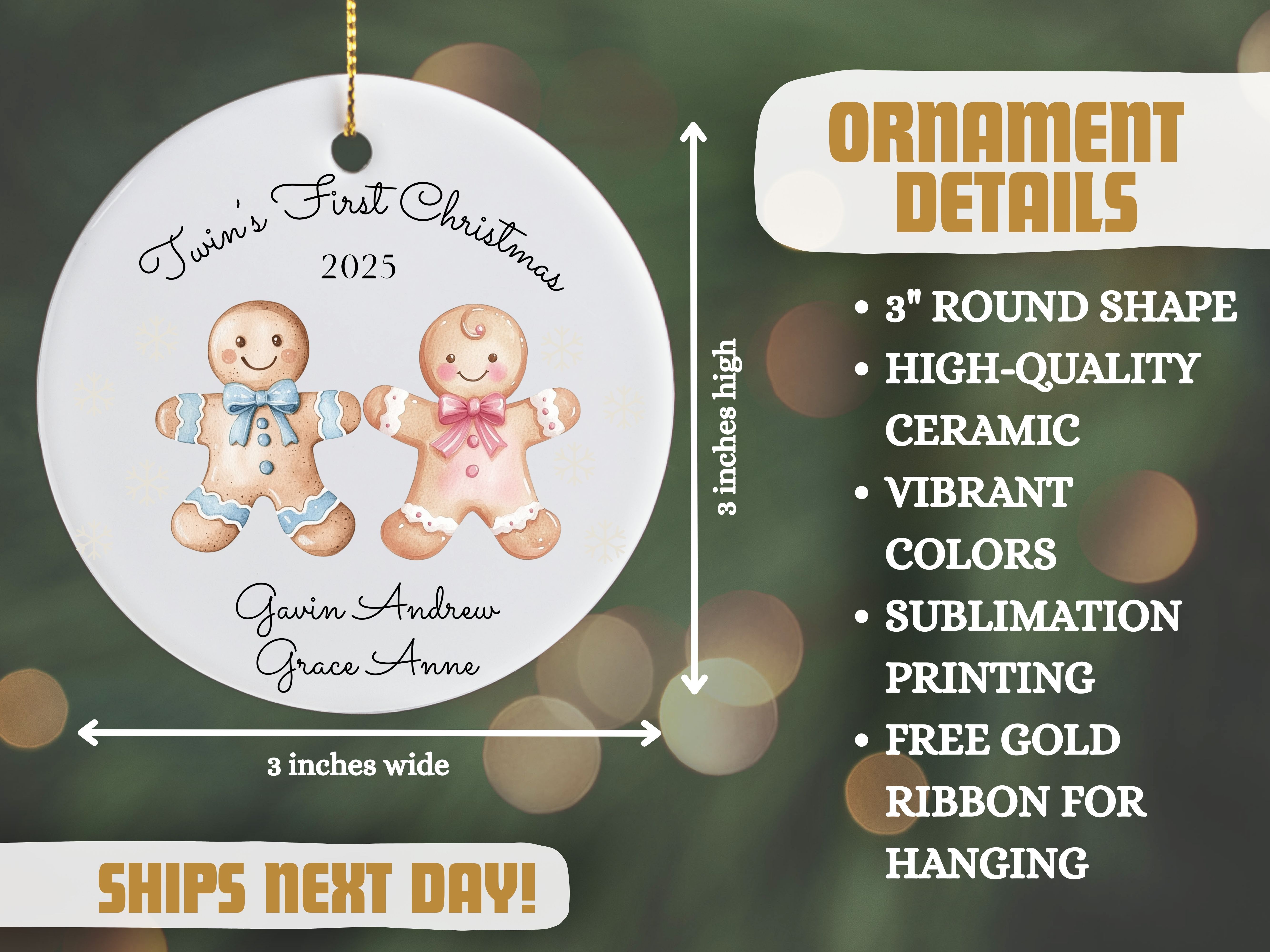 Personalized Boy and Girl Twins First Christmas Ornament, Gingerbread Man Christmas Tree Decoration, First Christmas Keepsake, Gift for Twins product thumbnail image