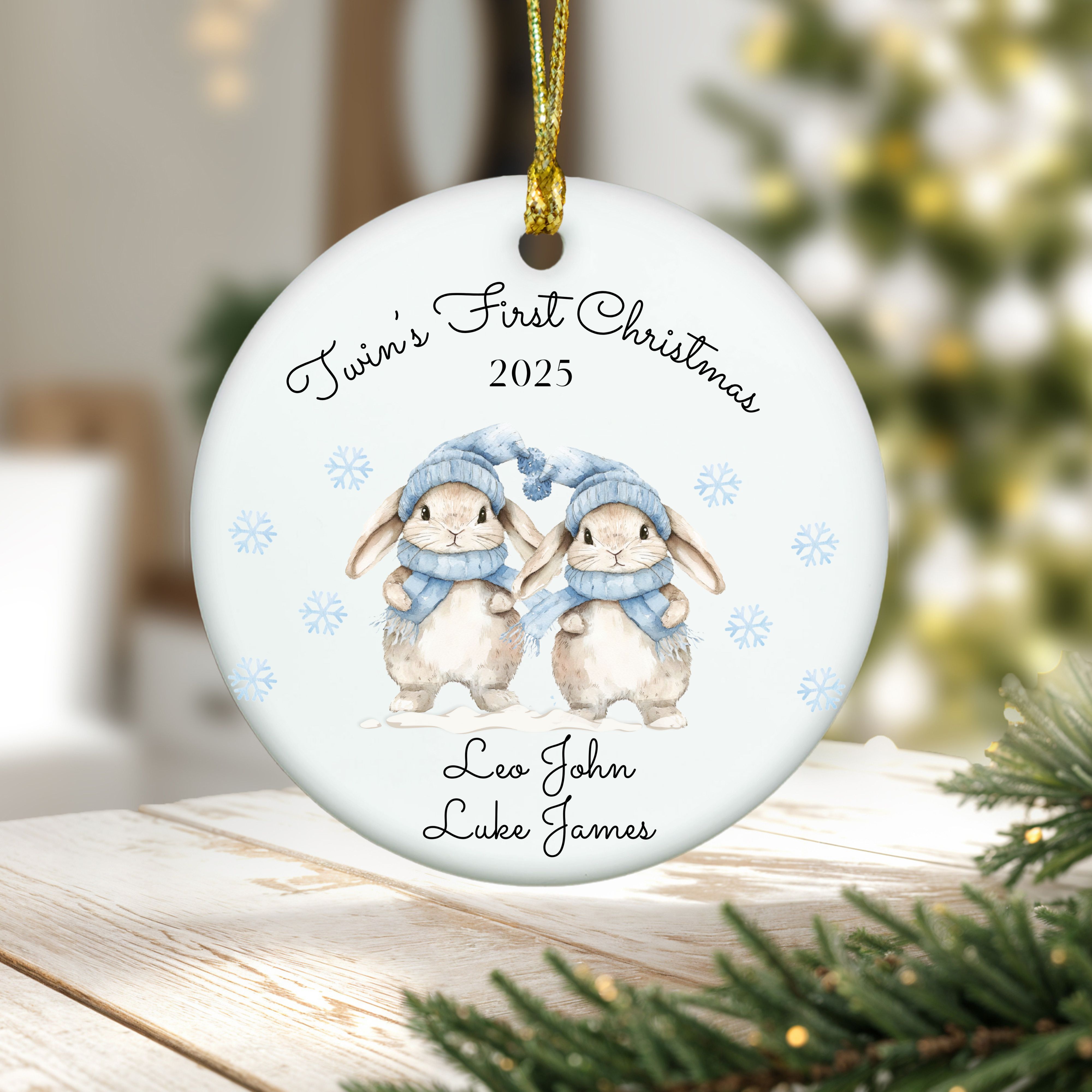 Boy Twins Personalized First Christmas Ornament, Watercolored style Christmas Tree Decoration, First Christmas Keepsake, Gift for New Twin Boys