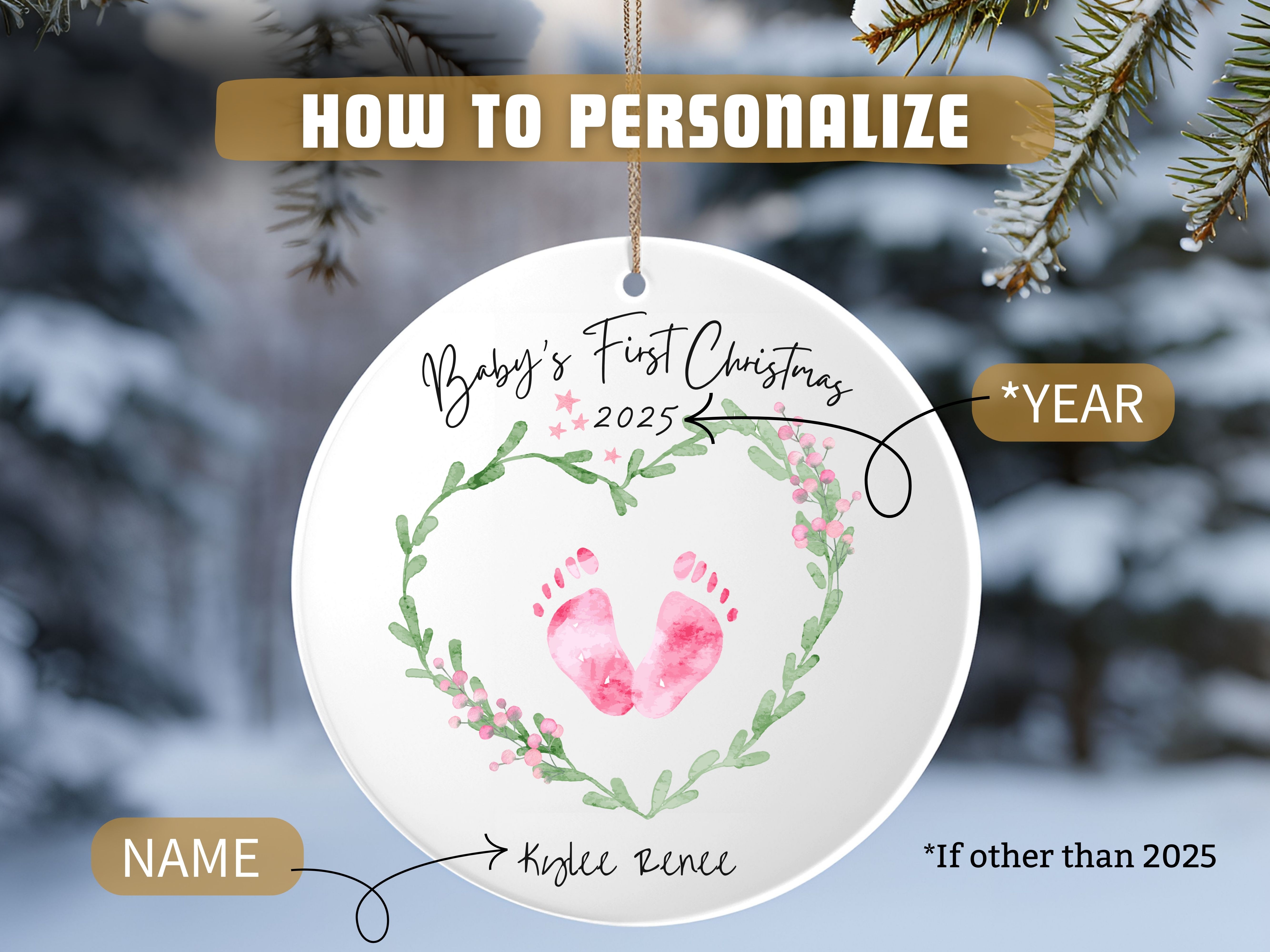 Personalized Baby Girl's First Christmas Ornament, Footprint Christmas Tree Decoration, First Christmas Keepsake, Gift for New Baby, Parents product thumbnail image