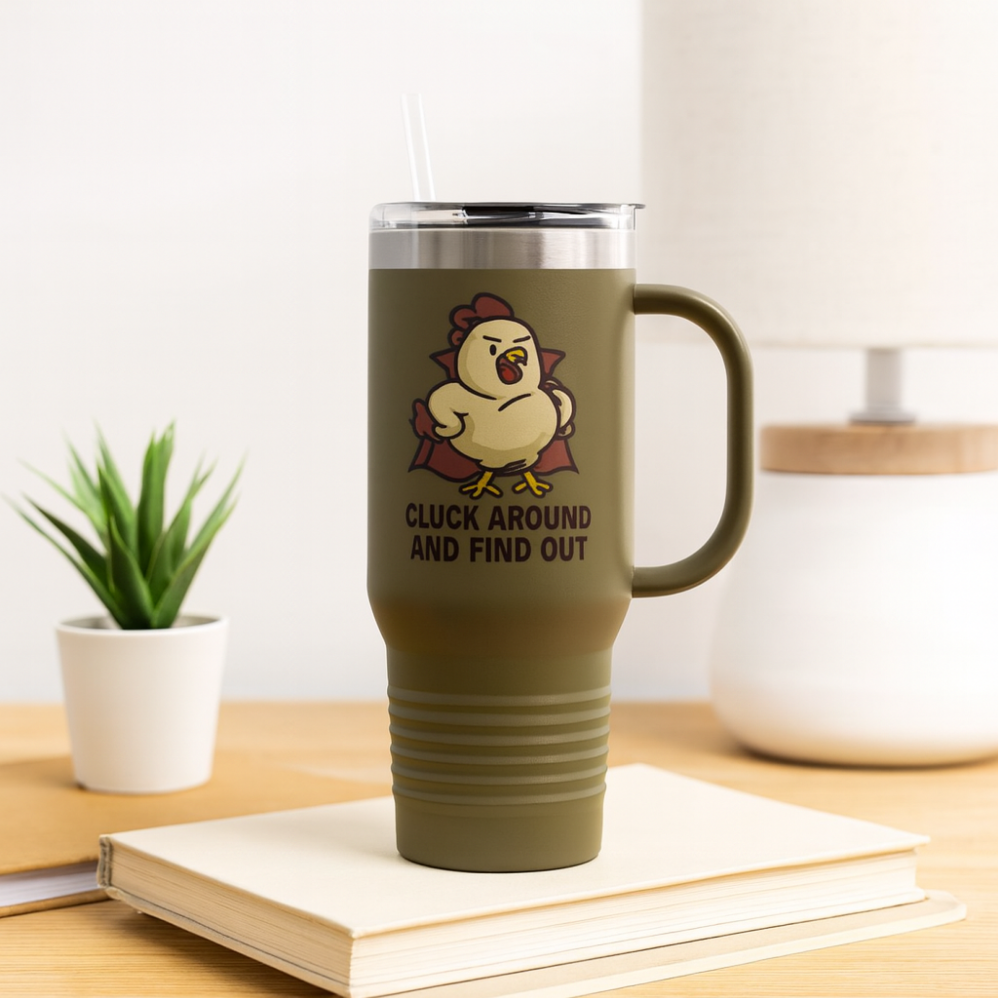 Cluck Around and Find Out Travel Mug | Funny Chicken Halloween Cup | Insulated Stainless Steel Coffee Tumbler with Handle product thumbnail image