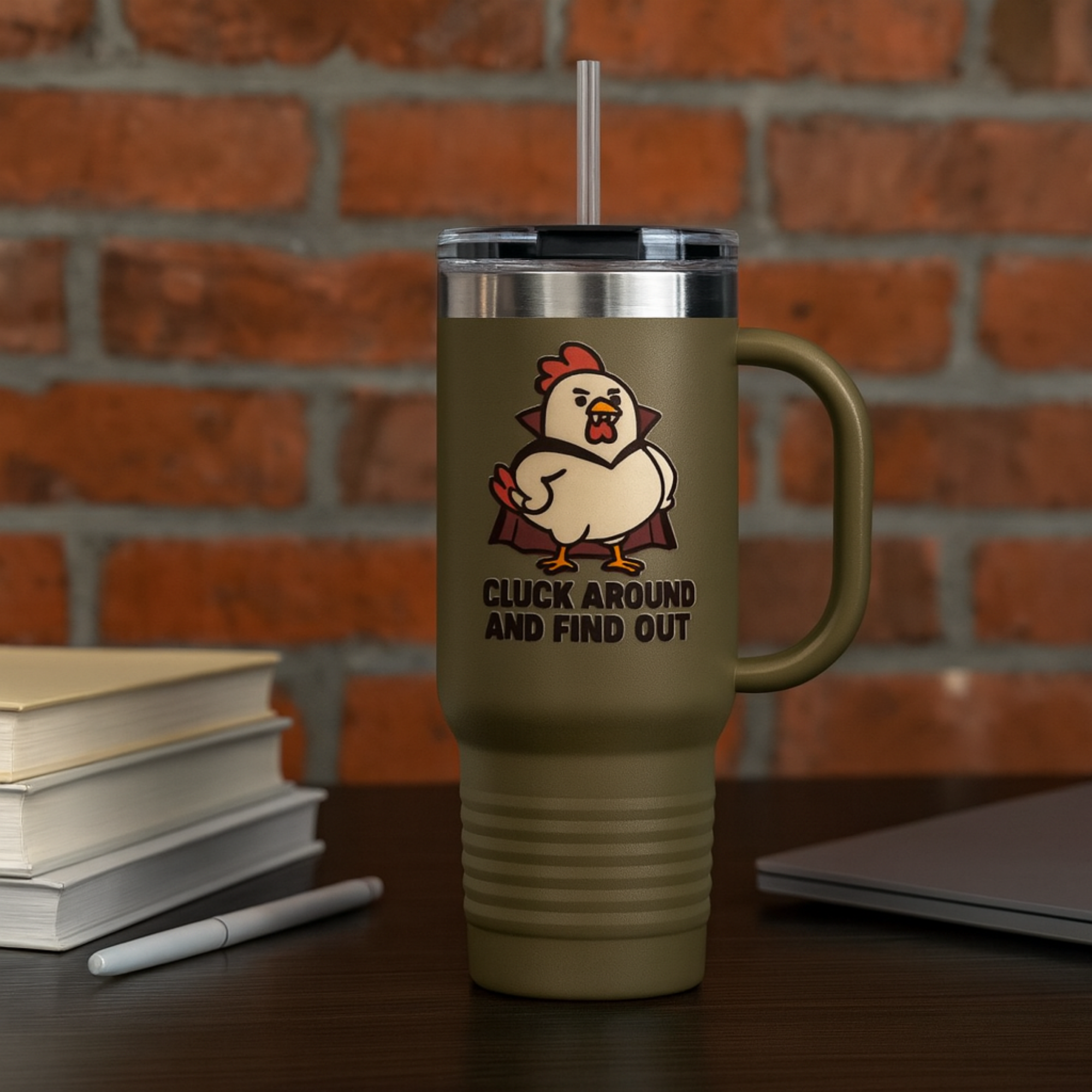 Cluck Around and Find Out Travel Mug | Funny Chicken Halloween Cup | Insulated Stainless Steel Coffee Tumbler with Handle product thumbnail image